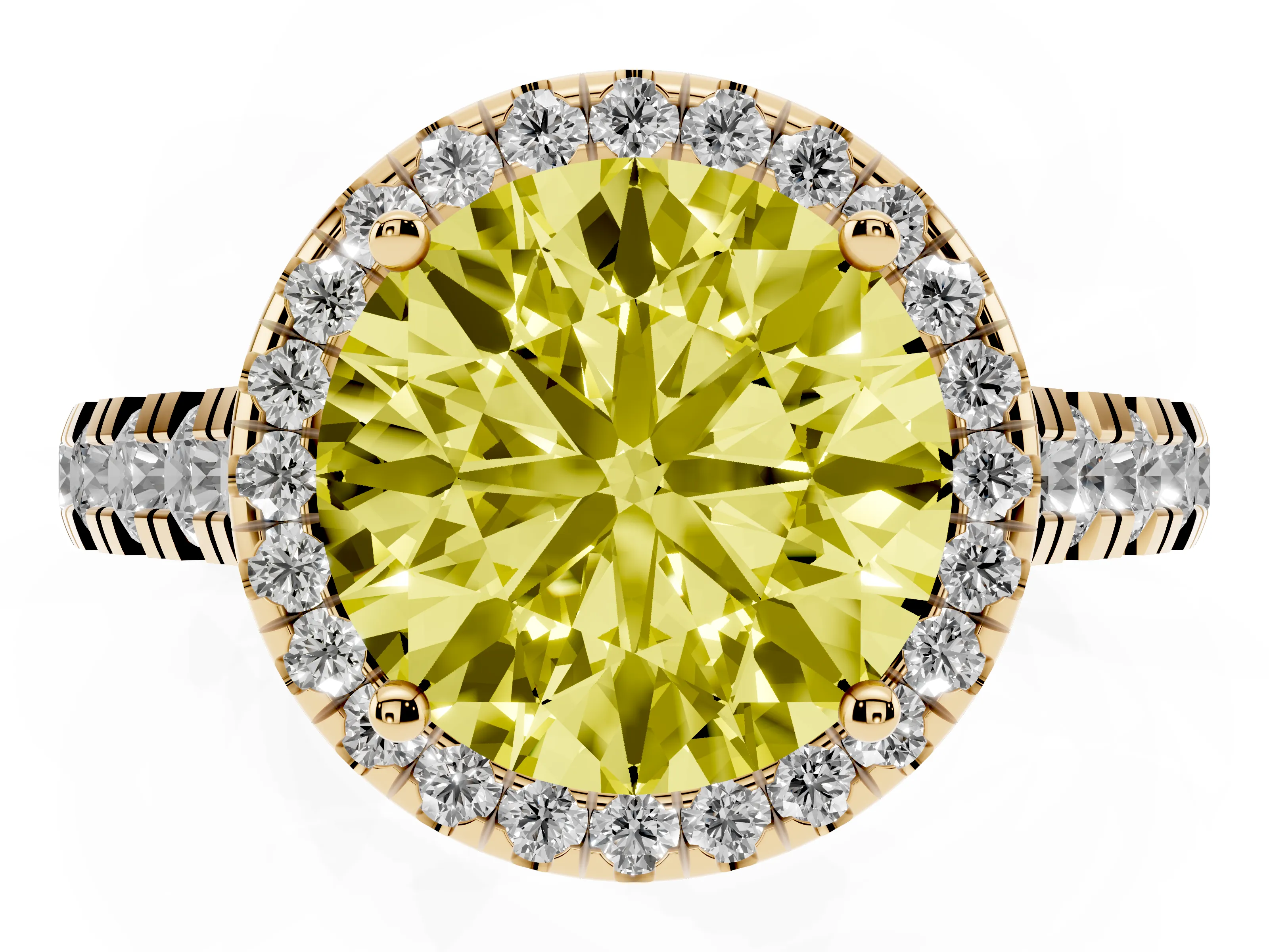 Fancy Yellow Round Cut Diamond Halo Engagement Ring Set in Yellow gold with Pavé Band and Prong-Set Center
