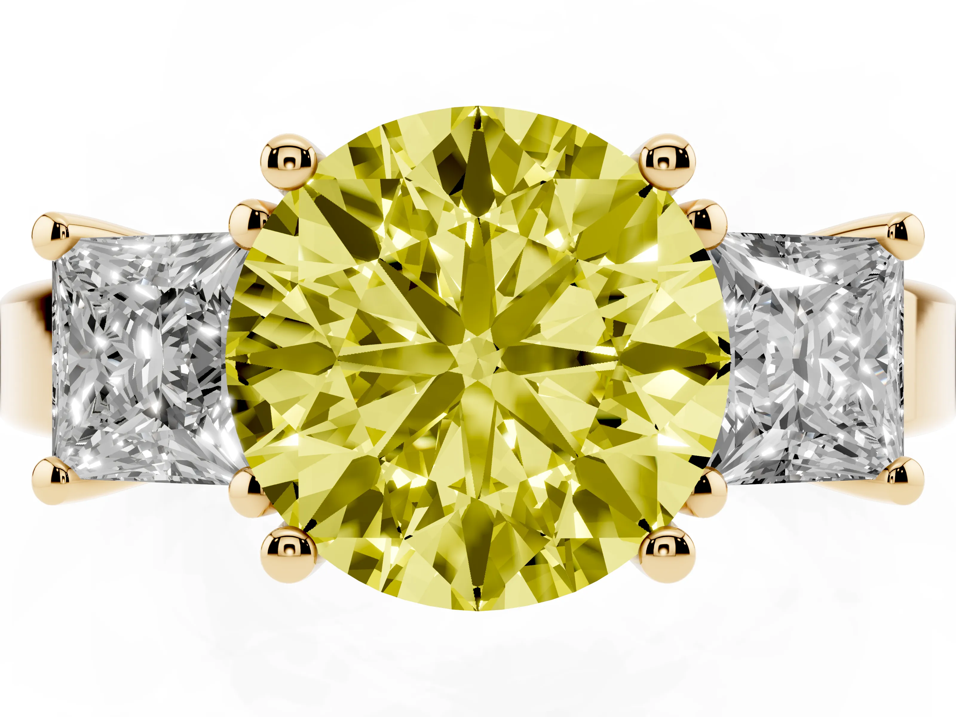 Fancy Yellow Three-Stone Round Cut Diamond Solitaire Ring Set in Yellow gold with Prong Setting