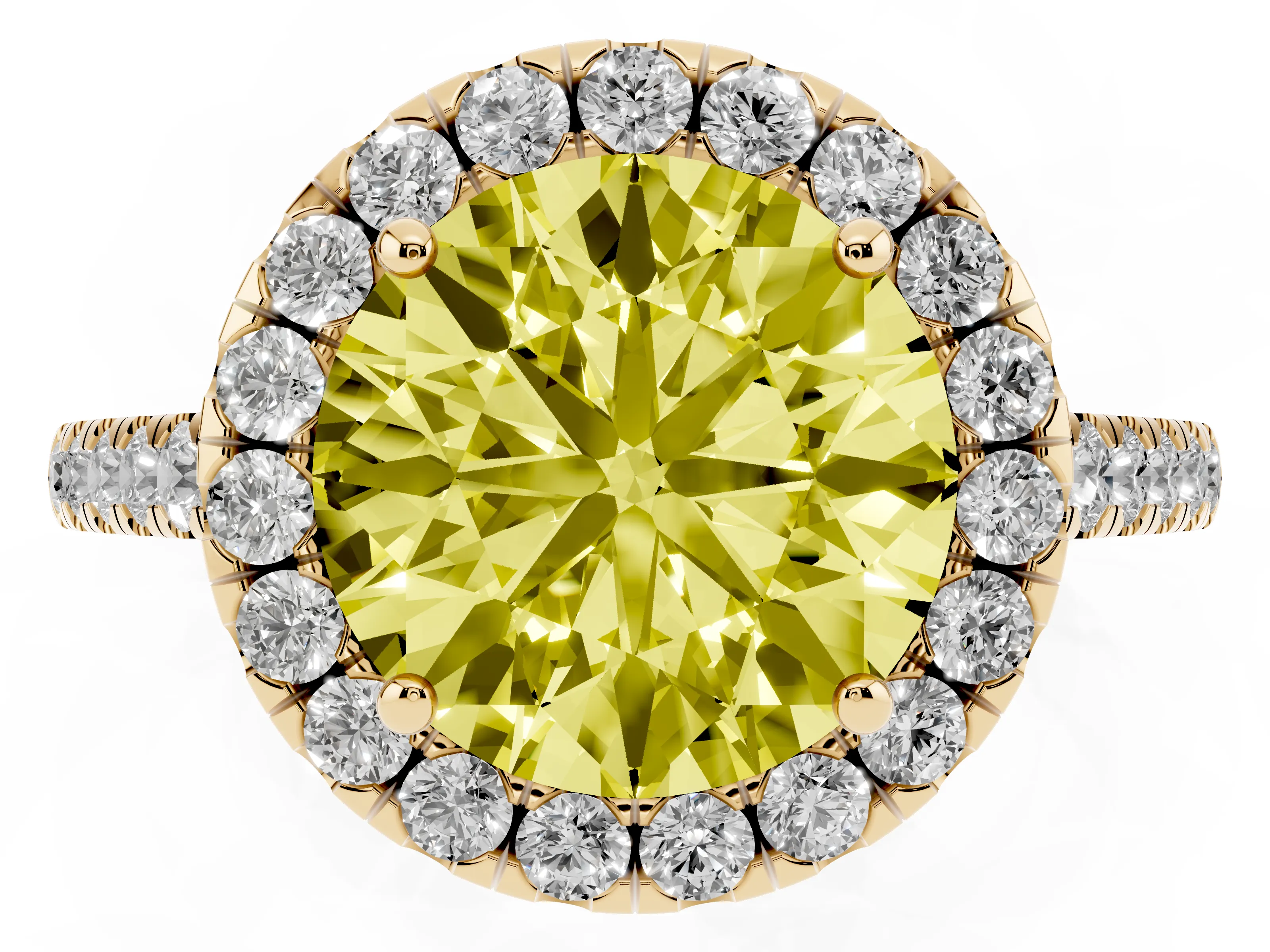Fancy Yellow Round Cut Diamond Halo Pavé Engagement Ring Set in Yellow gold with Prong Setting