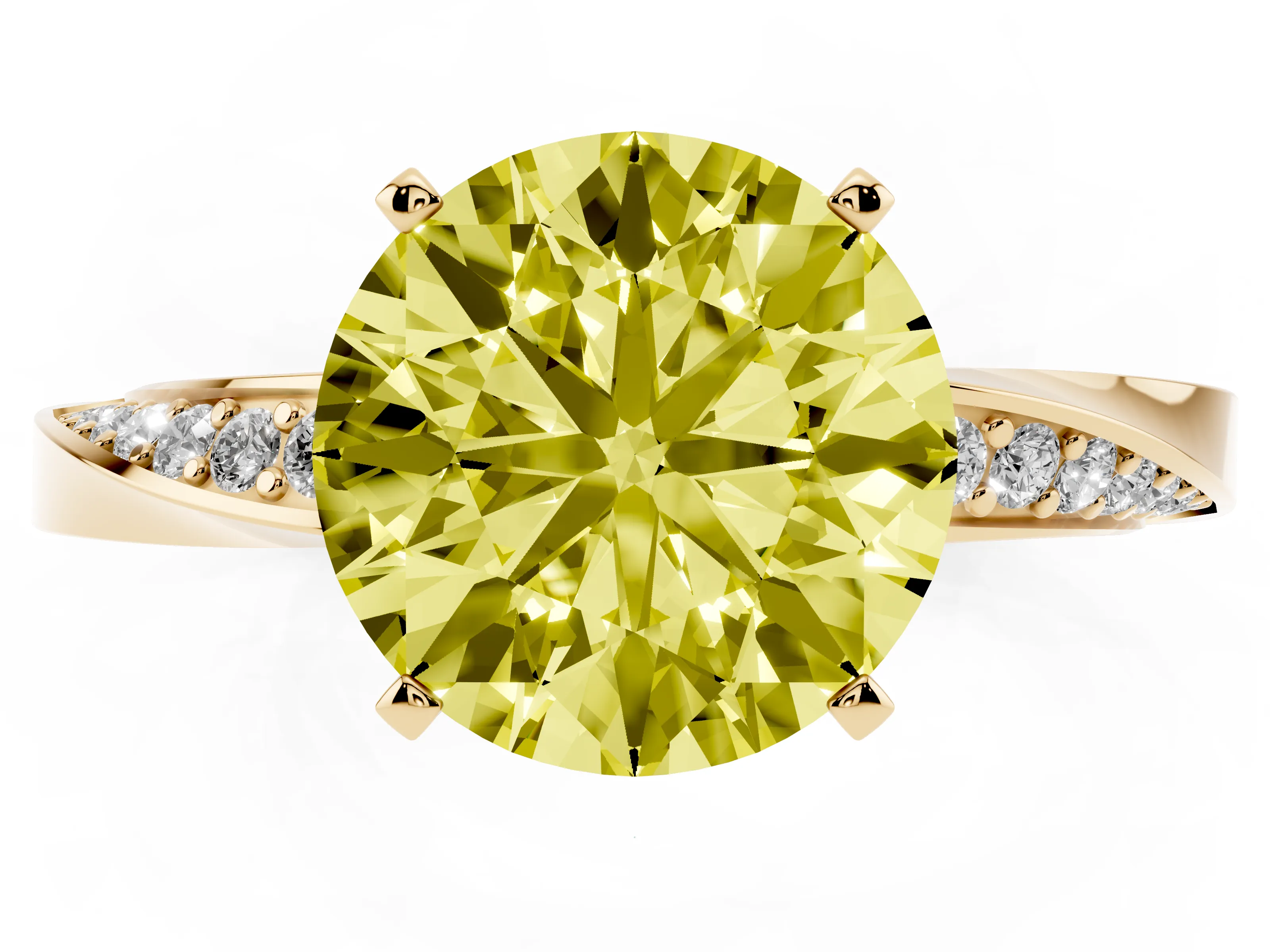 Fancy Yellow Round Cut Diamond Engagement Ring Set in Yellow gold with Side Stone Accents and Prong Setting