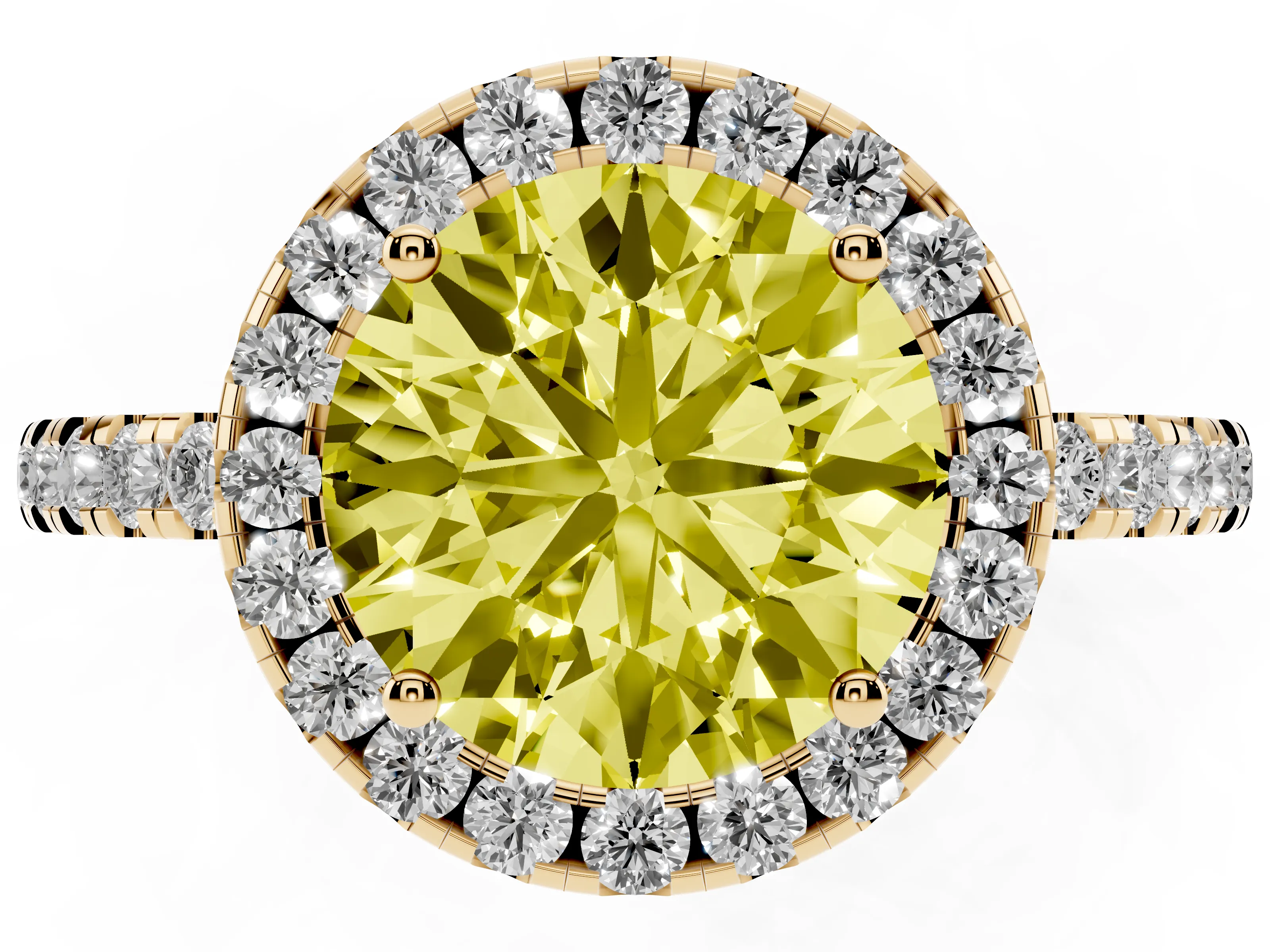Fancy Yellow Round Cut Diamond Pavé Band Halo Engagement Ring Set in Yellow gold with Prong Setting