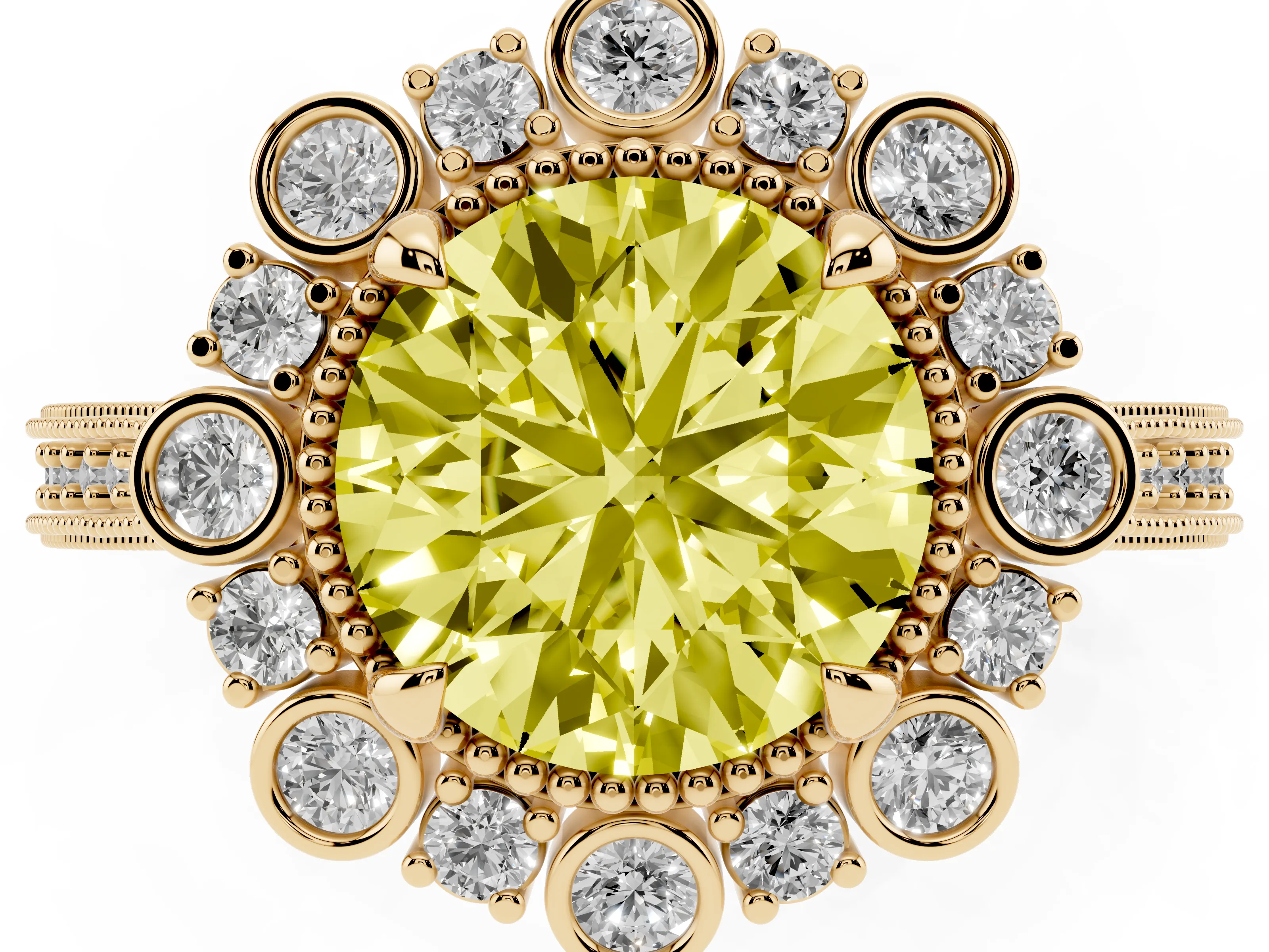 Fancy Yellow Round Cut Diamond Halo Milgrain Pavé Ring Set in Yellow gold with Prong Setting
