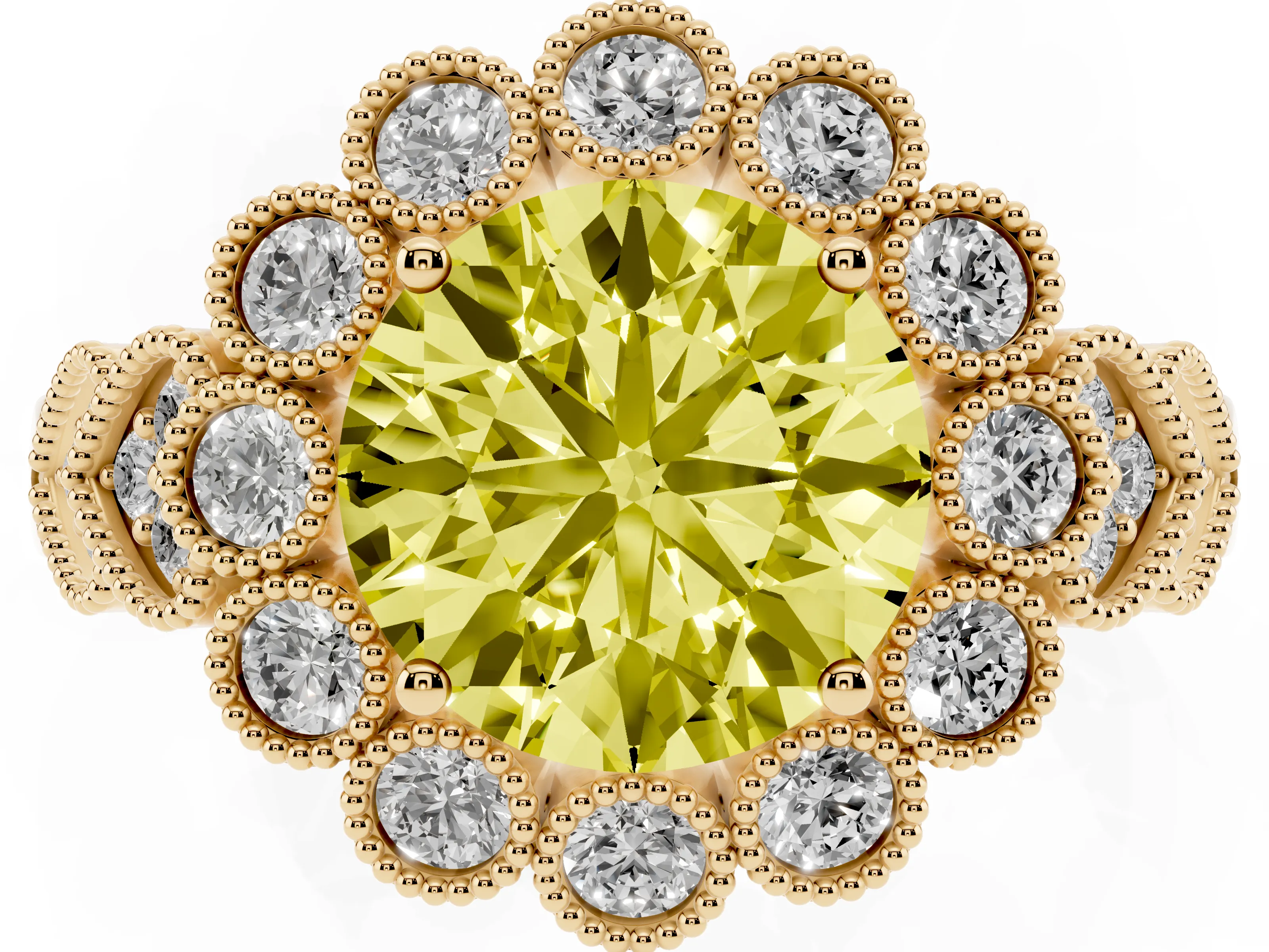 Fancy Yellow Round Cut Diamond Solitaire Ring Set in Yellow gold with Milgrain Pavé Heart Band