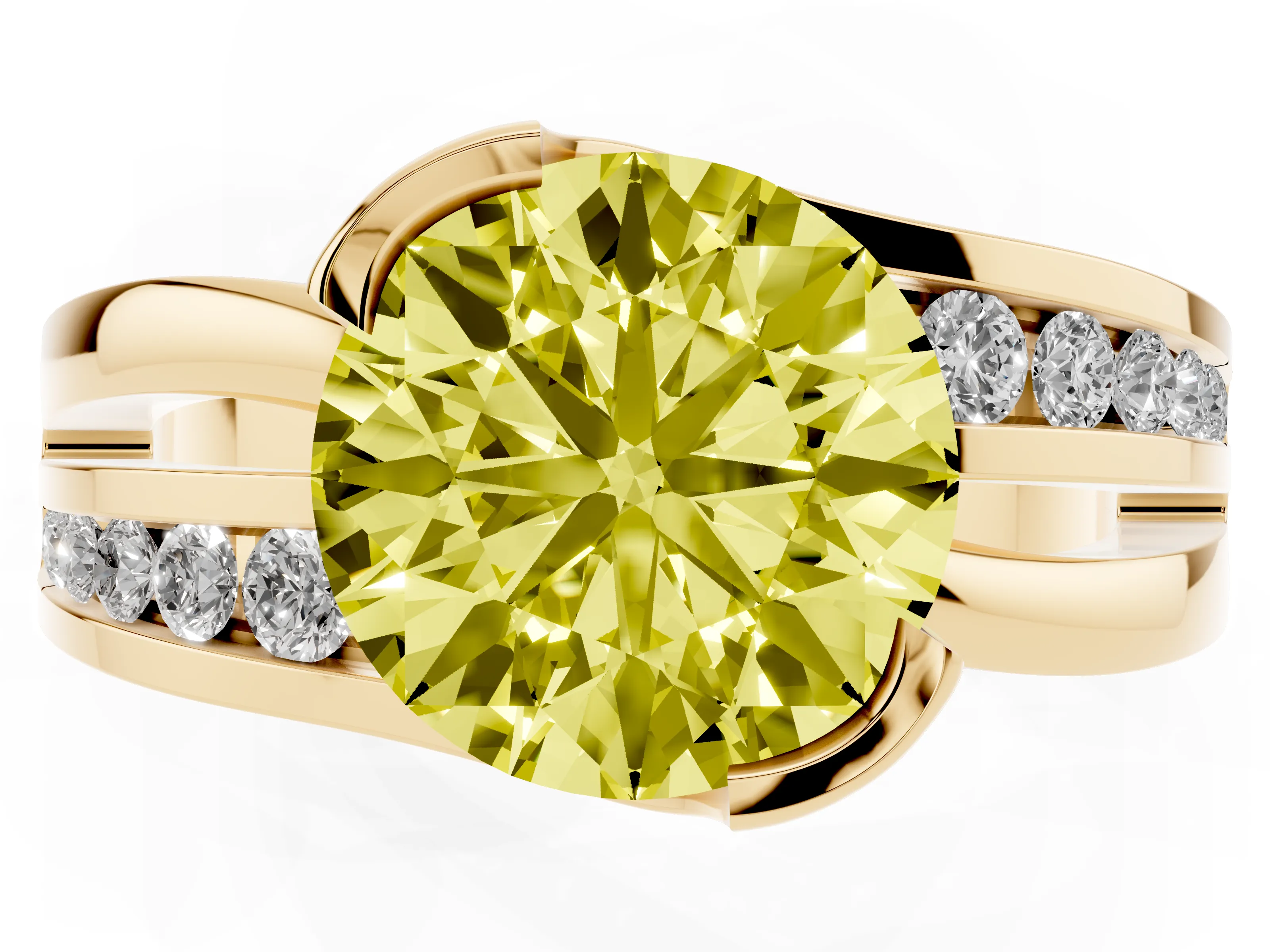 Fancy Yellow Round Cut Diamond Solitaire Ring Set in Yellow gold with Channel Set Split Shank and Tension Prongs