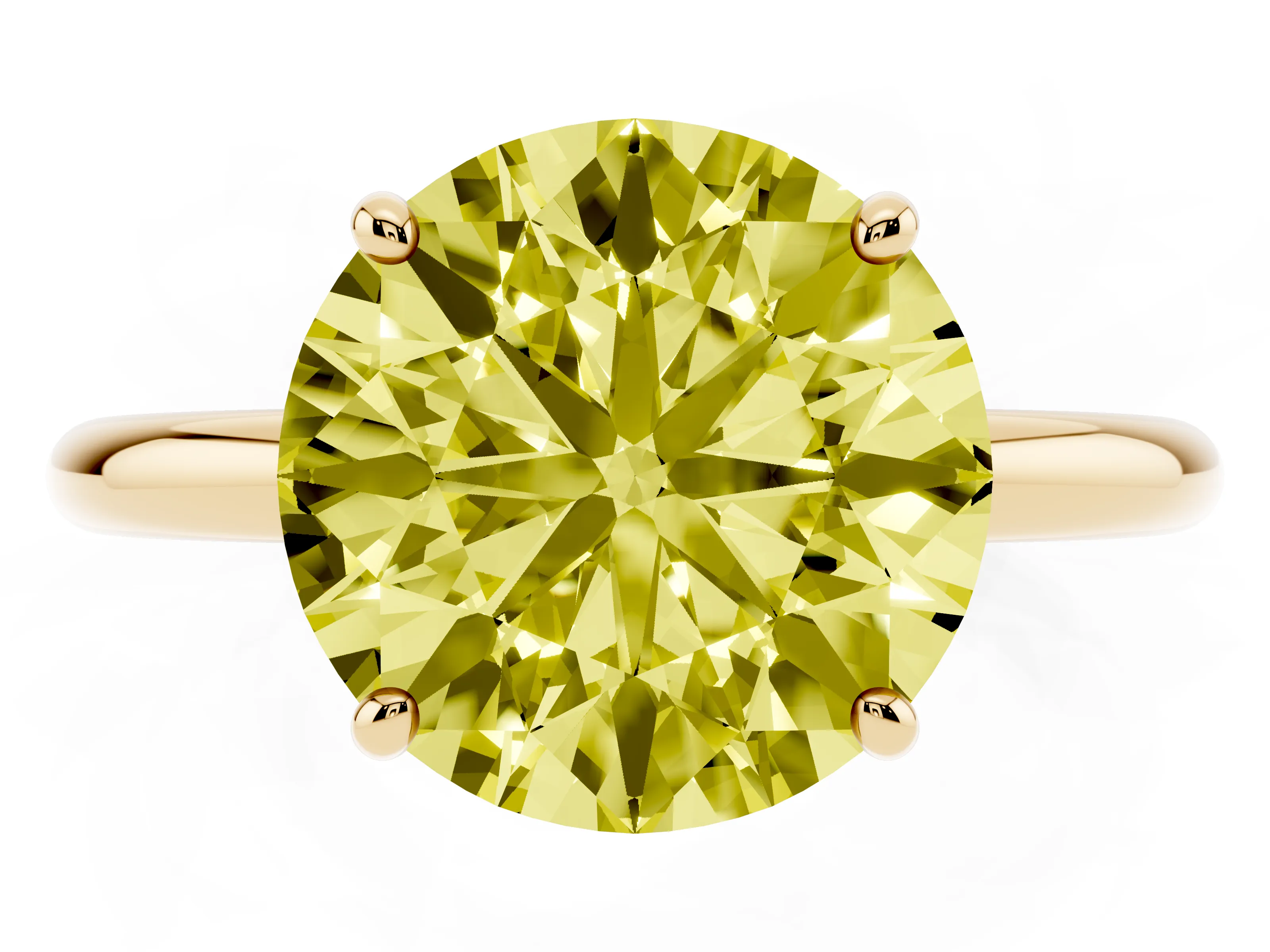 Fancy Yellow Round Cut Diamond Solitaire Ring Set in Yellow gold with Prong Setting on a Polished Plain Band