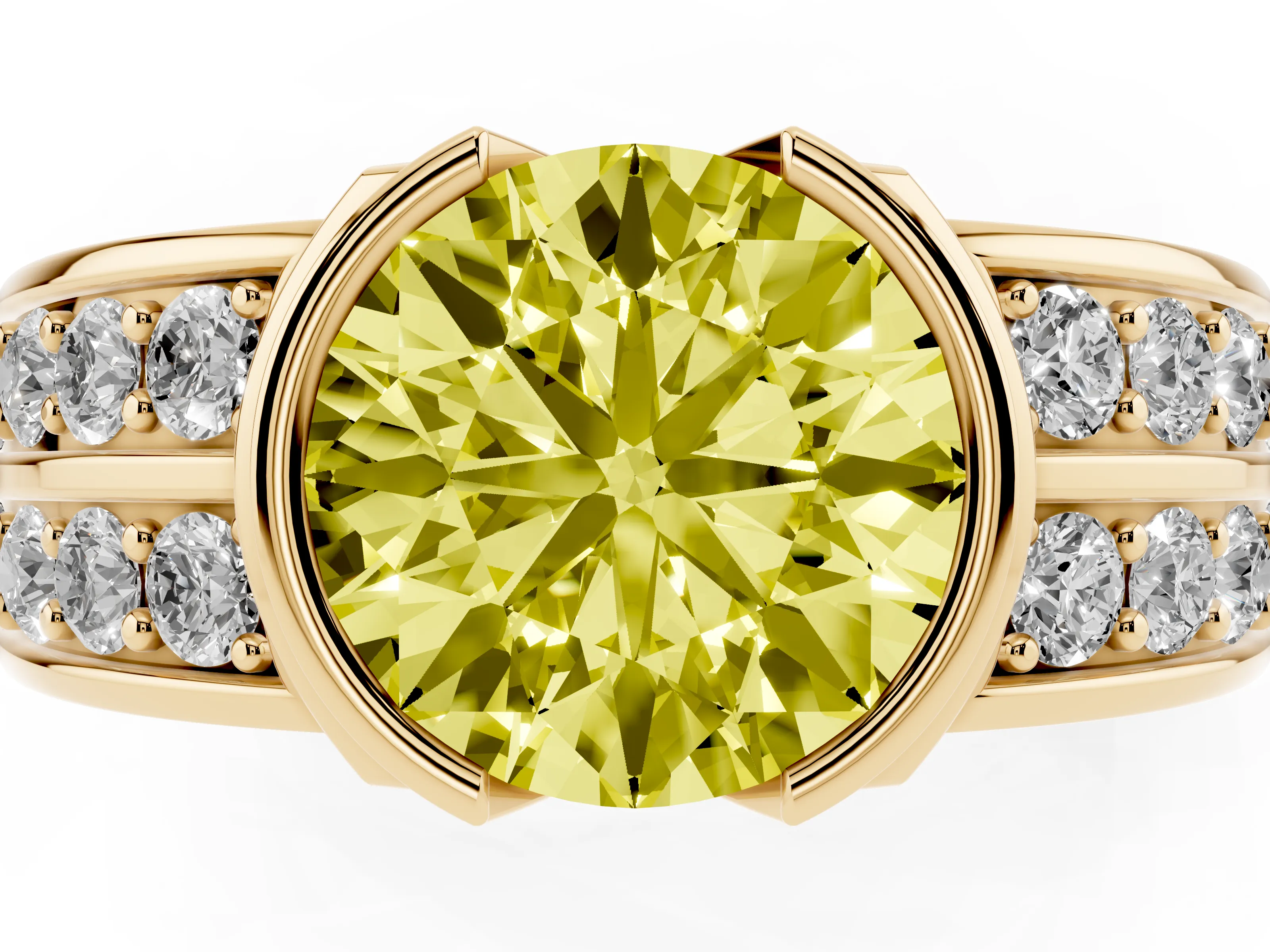 Fancy Yellow Round Cut Diamond Wide Channel Set Band Ring Set in Yellow gold with Bezel Setting