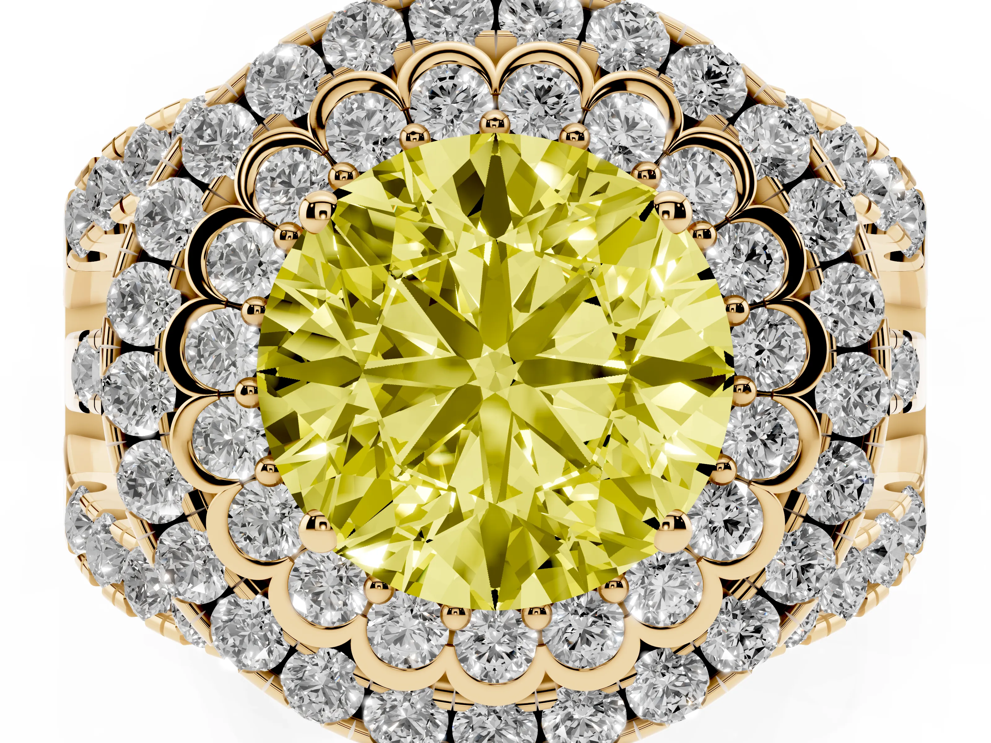 Fancy Yellow Round Cut Diamond Double Halo Ring Set in Yellow gold with Round Pavé Split Shank