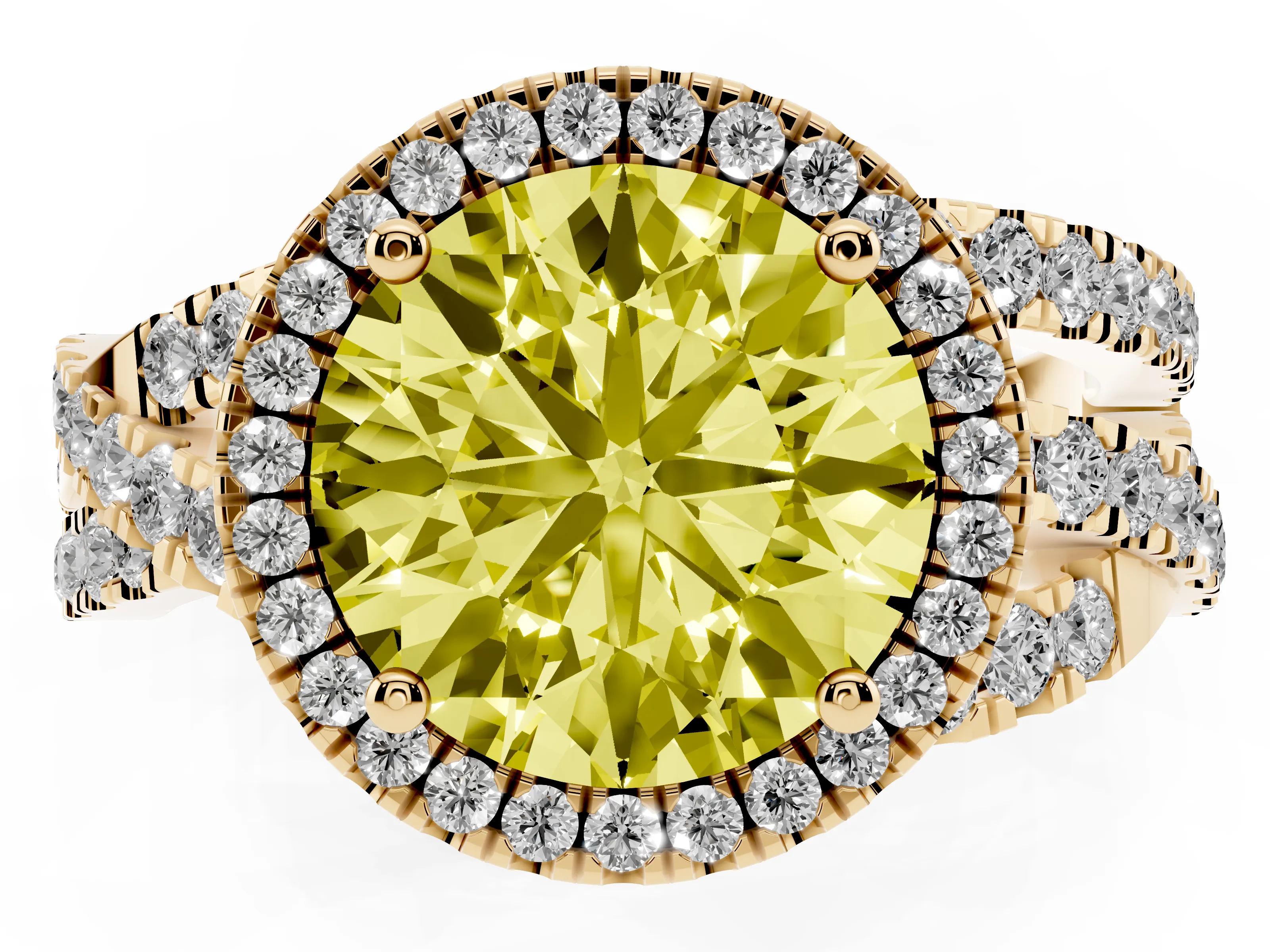 Fancy Yellow Round Cut Diamond Halo Ring Set in Yellow gold with Round Crossover Split Shank and Prong Setting