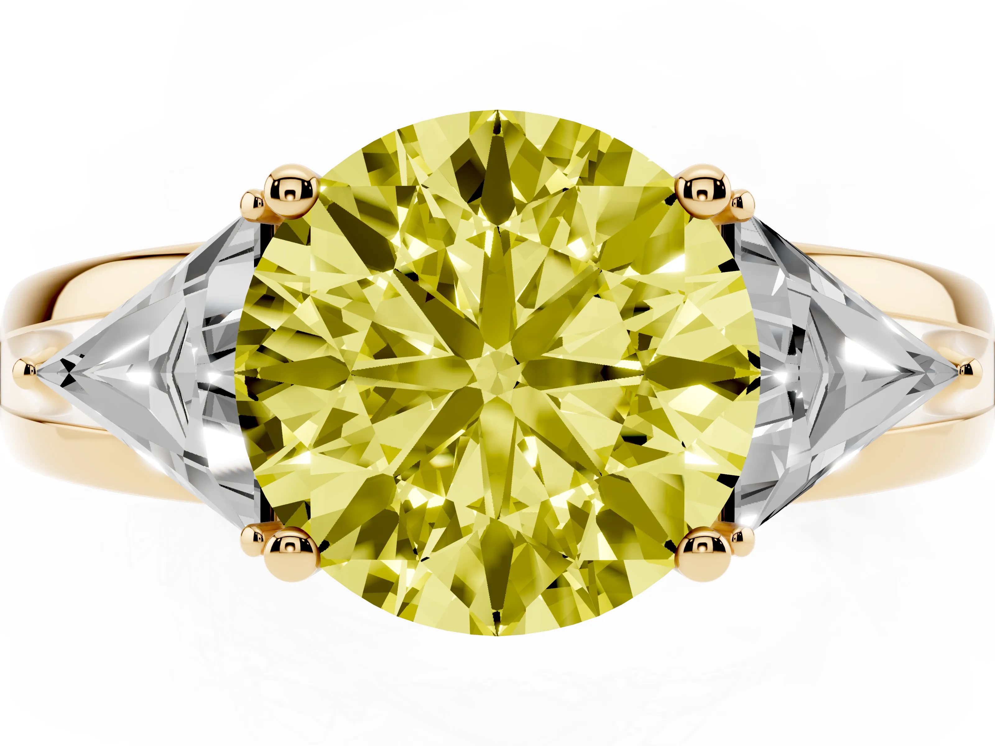 Fancy Yellow Round Cut Diamond Three-Stone Ring Set in Yellow gold with Trillion Side Stones and Split Shank