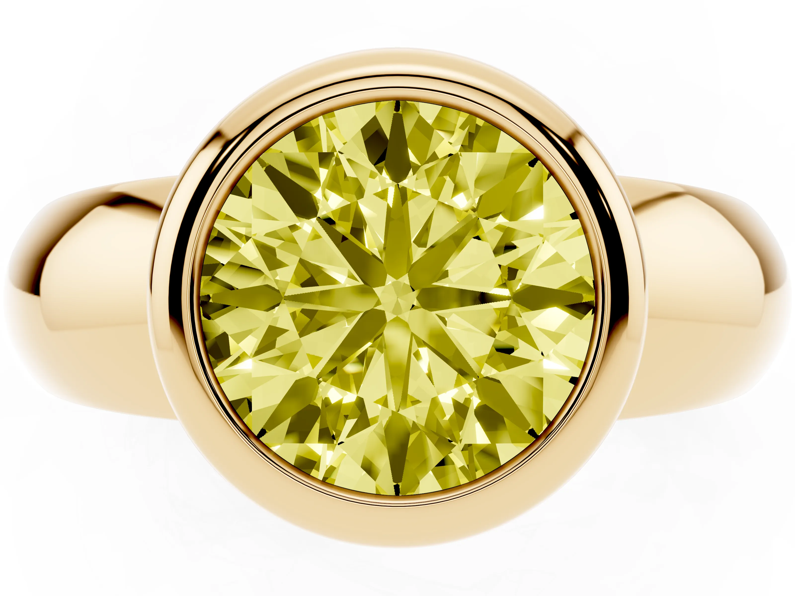 Fancy Yellow Bezel Set Round Cut Diamond Solitaire Ring Set in Yellow gold with Wide Band