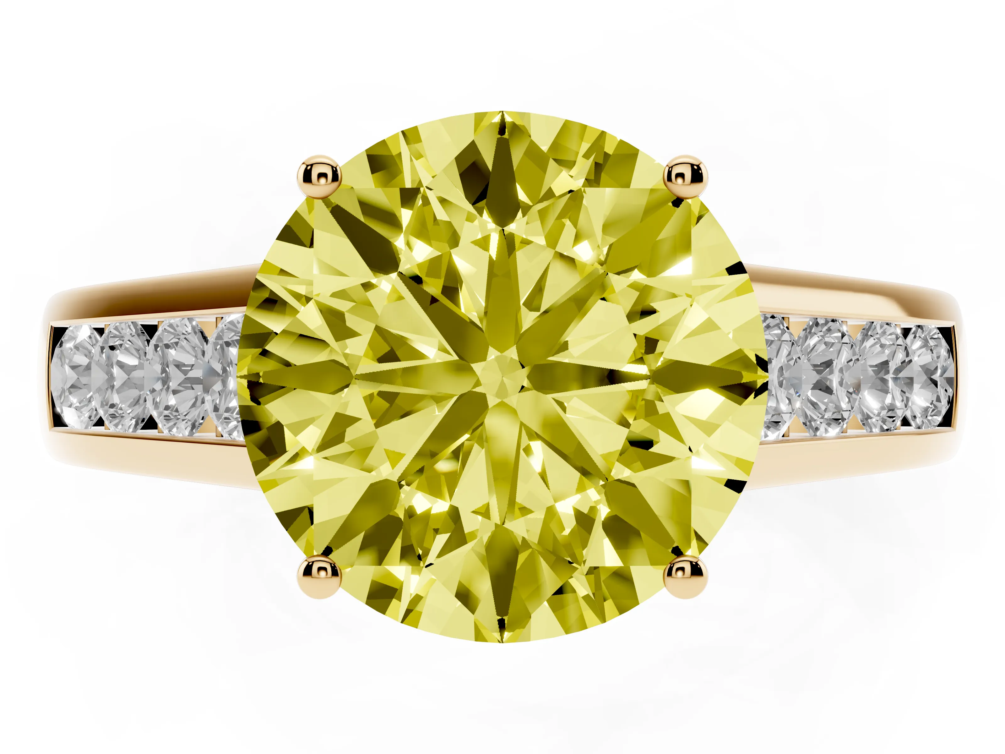 Fancy Yellow Round Cut Diamond Solitaire Channel-Set Engagement Ring Set in Yellow gold with Prong Setting