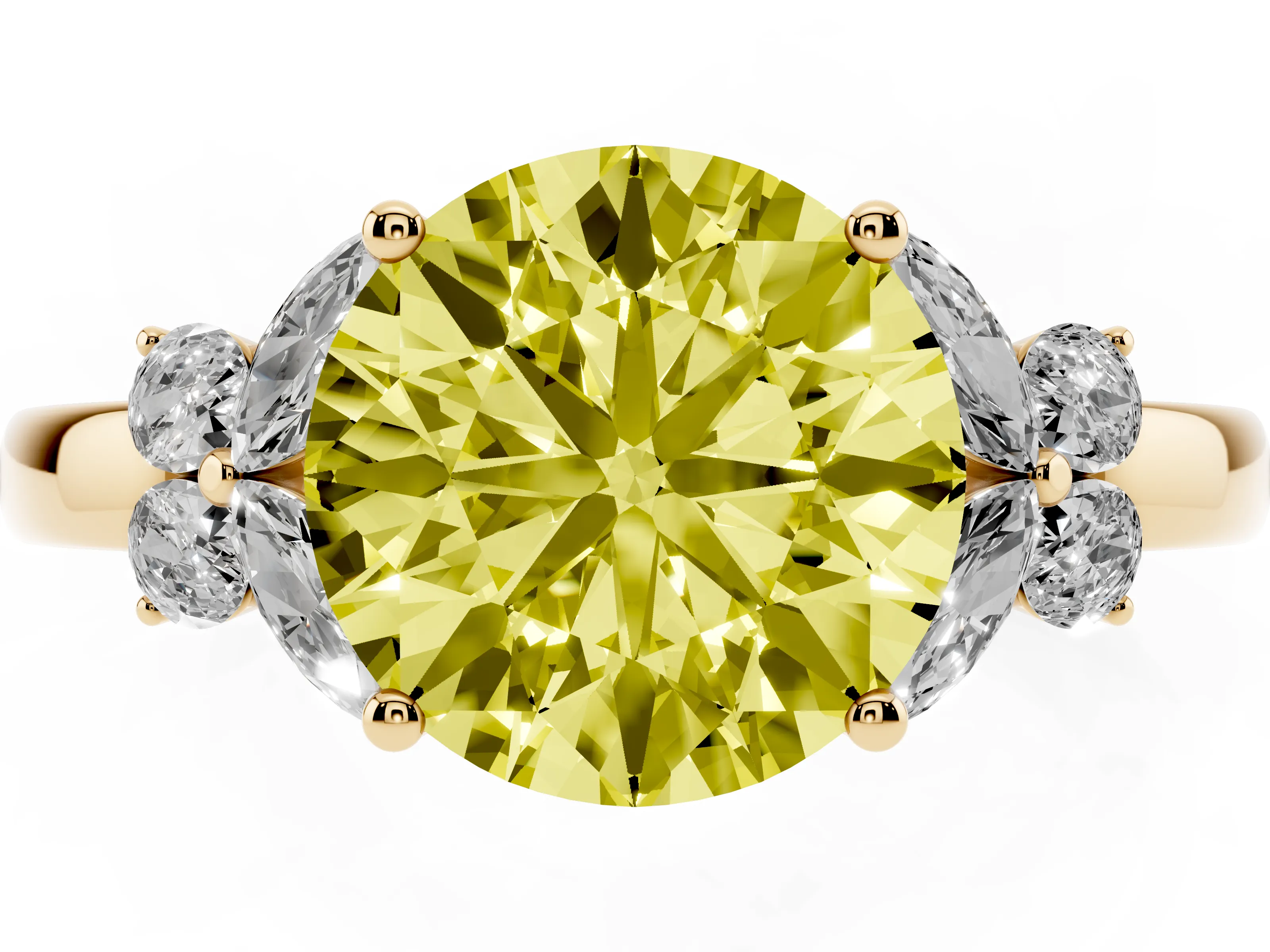 Fancy Yellow Round Cut Diamond Solitaire Floral Ring Set in Yellow gold with Marquise Petals and Prong Setting