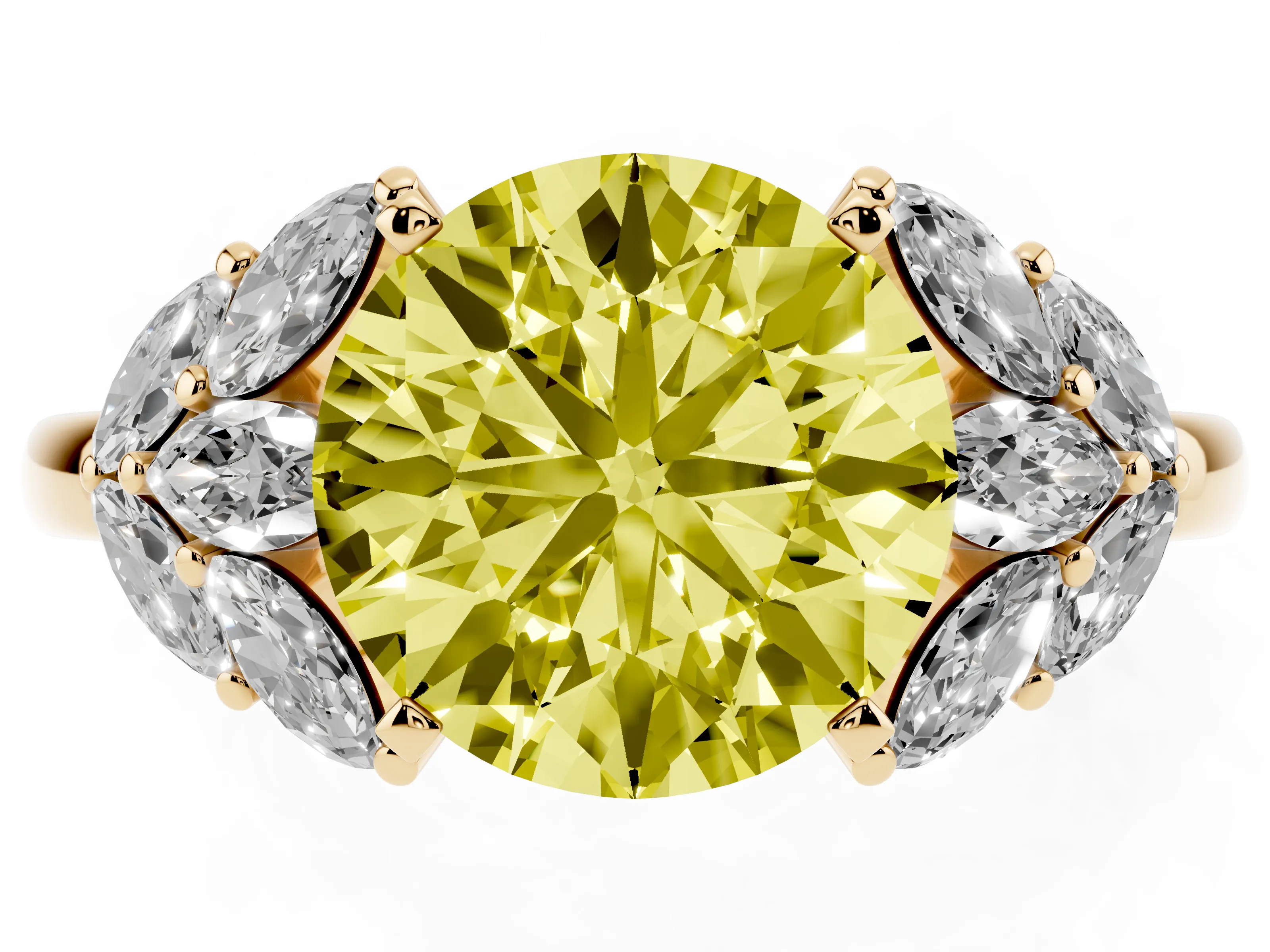 Fancy Yellow Round Cut Diamond Cluster Leaf Design Ring Set in Yellow gold with Prong Setting