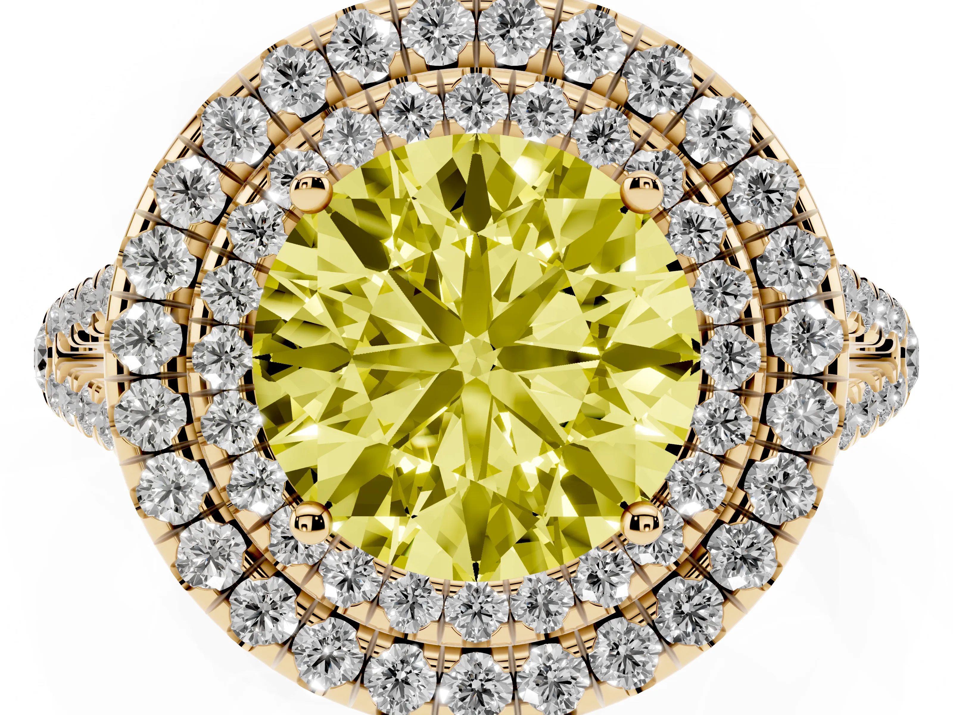 Fancy Yellow Round Cut Diamond Double Halo Ring Set in Yellow gold with Pavé Band