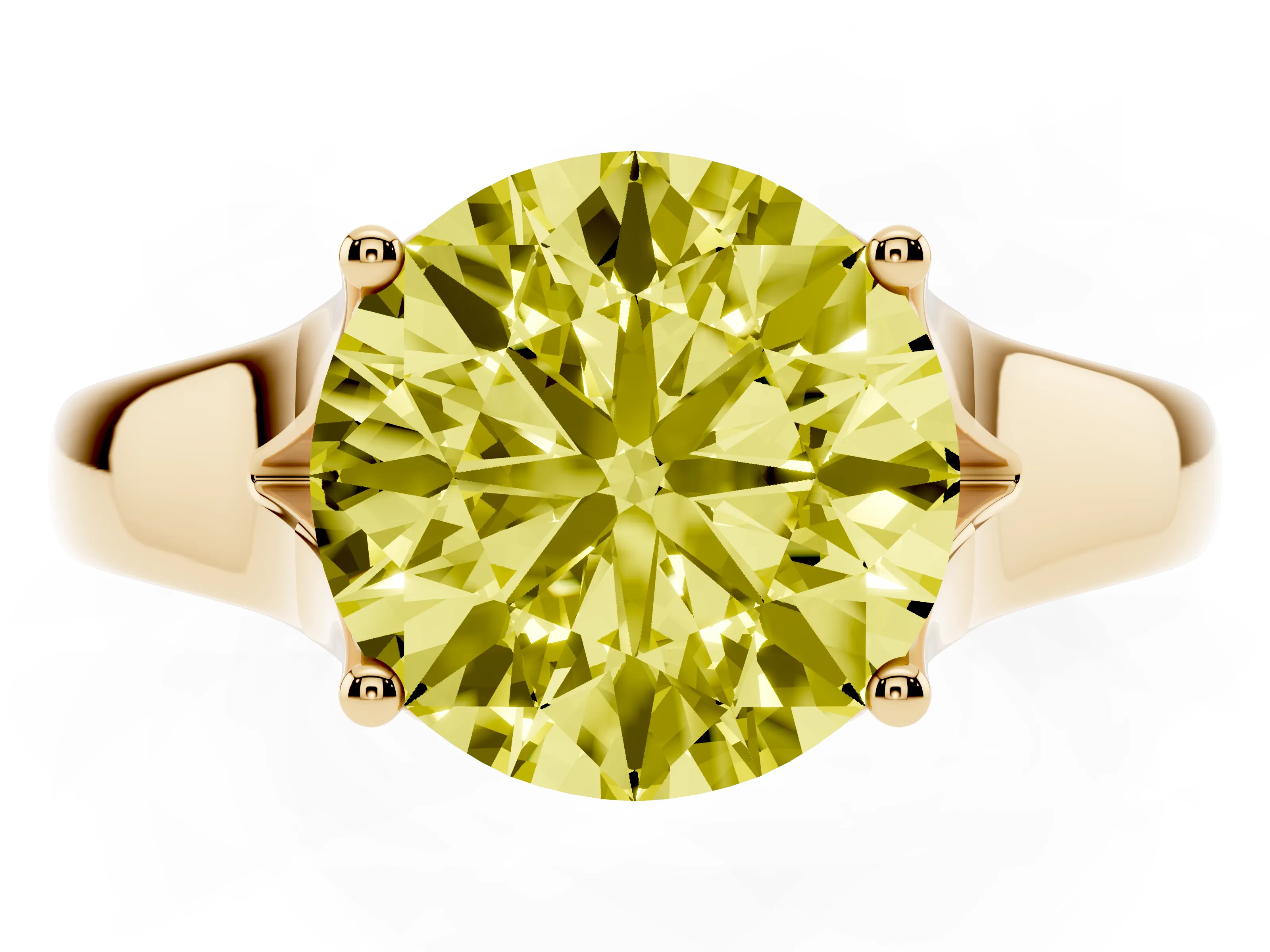 Fancy Yellow Round Cut Diamond Solitaire Ring Set in Yellow gold with Arched Cathedral Band and Prong Setting