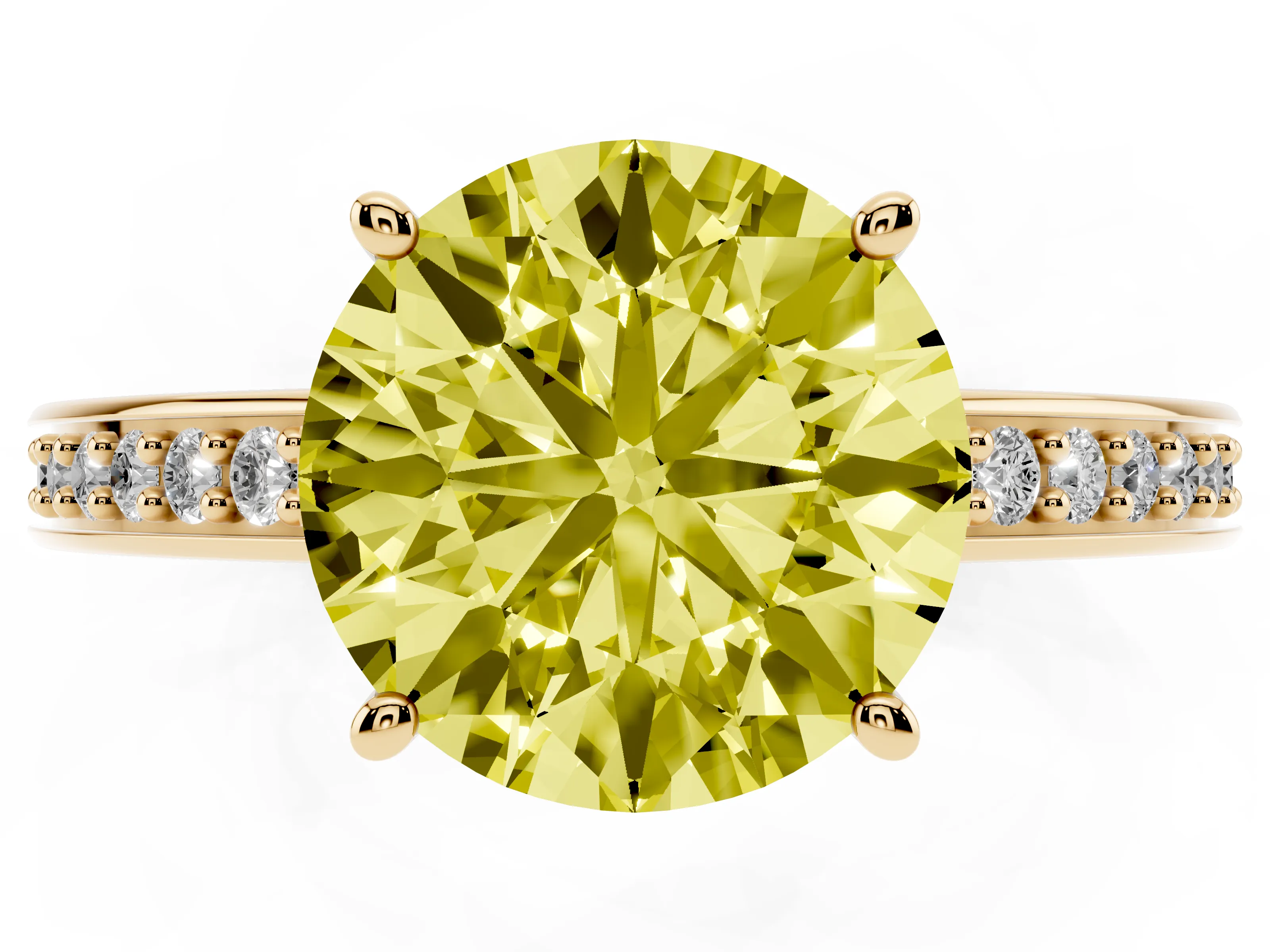 Fancy Yellow Round Cut Diamond Pavé Band Prong Set Solitaire Ring Set in Yellow gold
