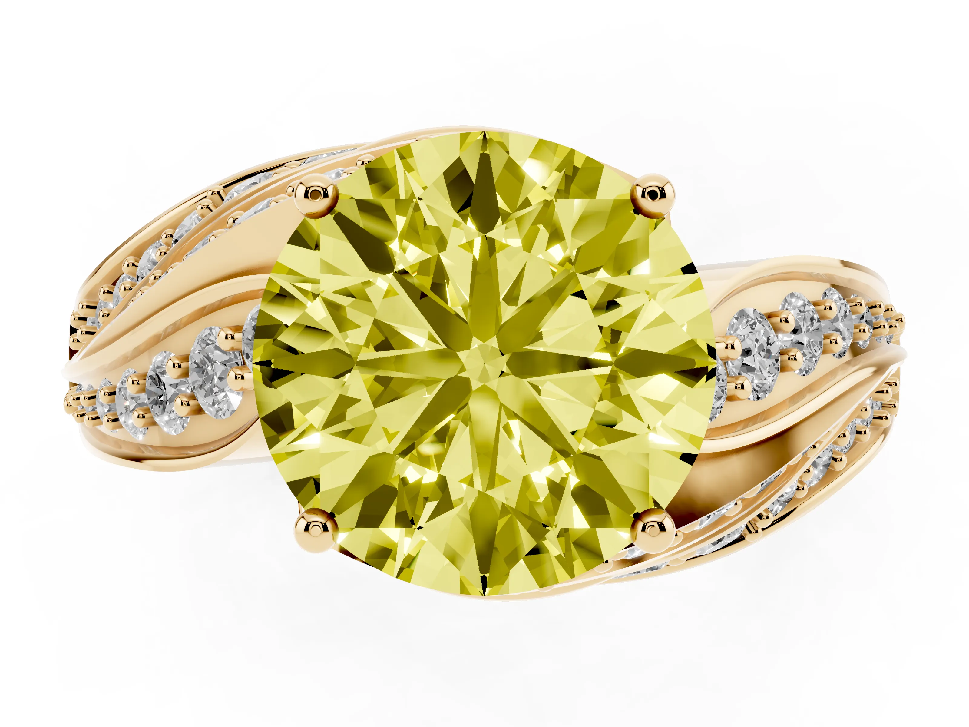 Fancy Yellow Round Cut Diamond Solitaire Ring Set in Yellow gold with Layered Twist Pavé Band