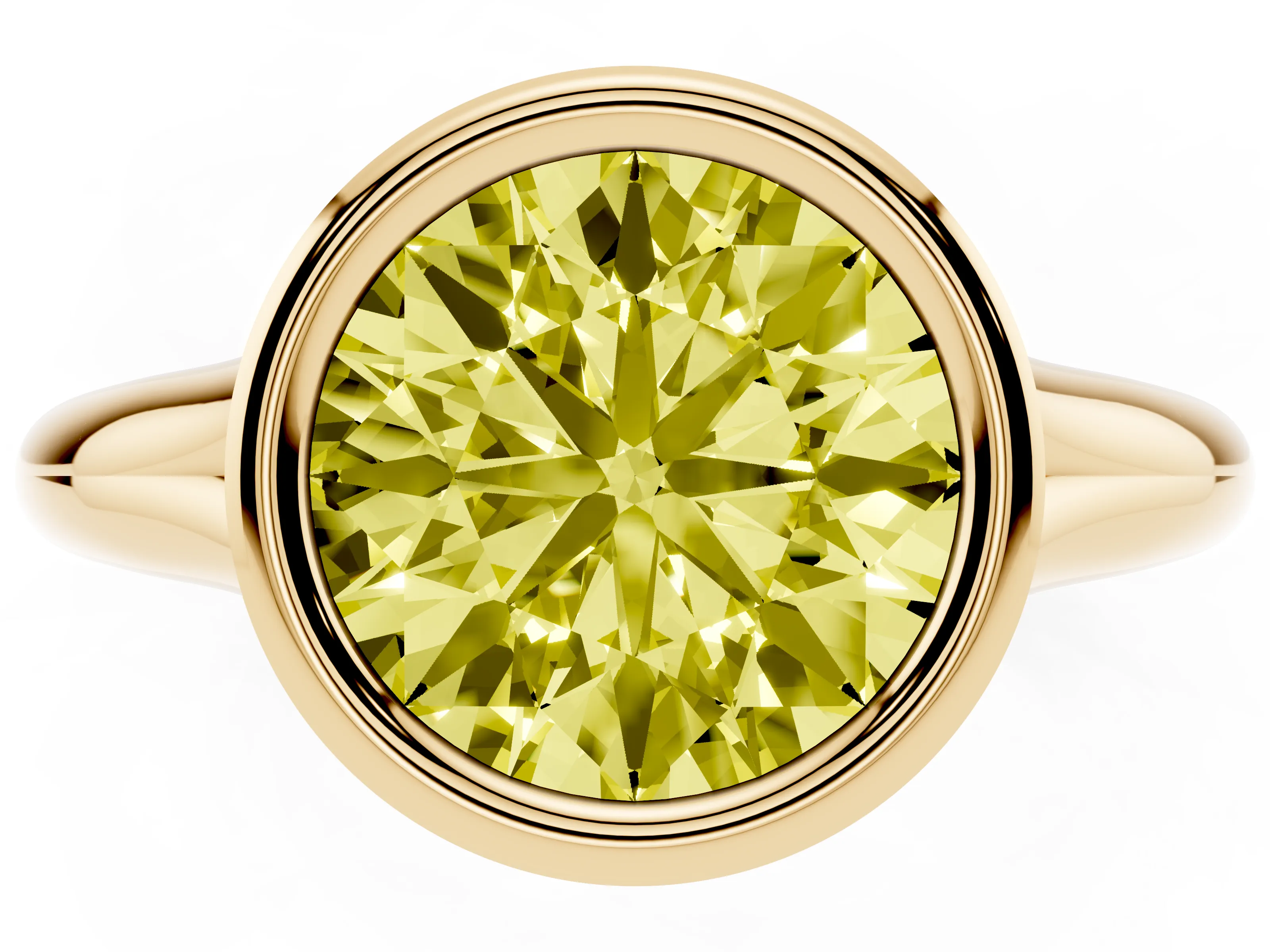 Fancy Yellow Bezel Set Round Cut Diamond Solitaire Ring Set in Yellow gold with Smooth Band