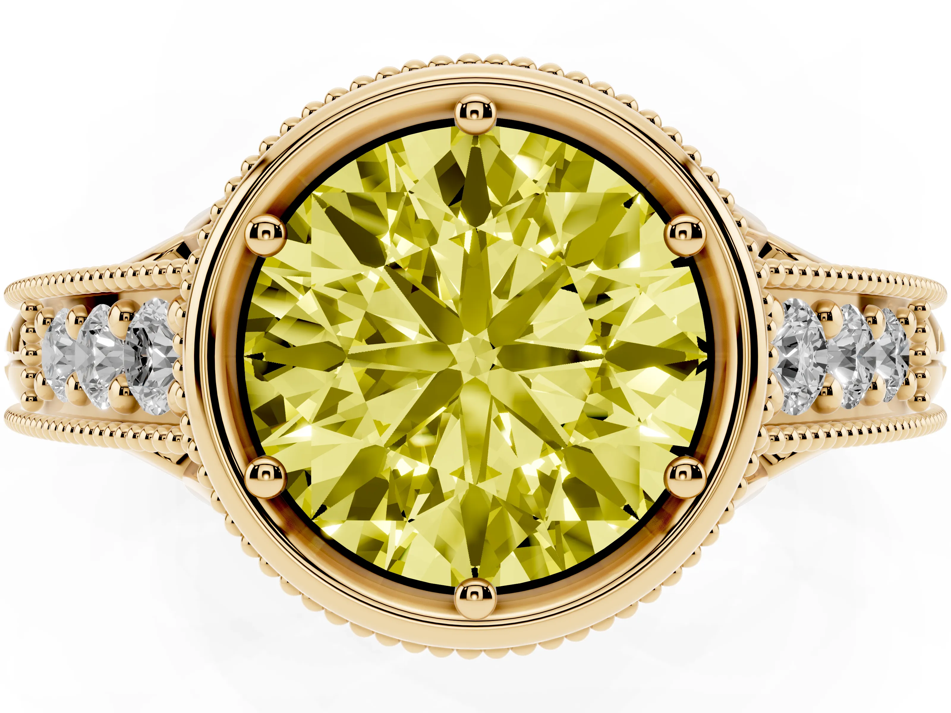 Fancy Yellow Bezel Set Round Cut Diamond Milgrain Pavé Engagement Ring Set in Yellow gold