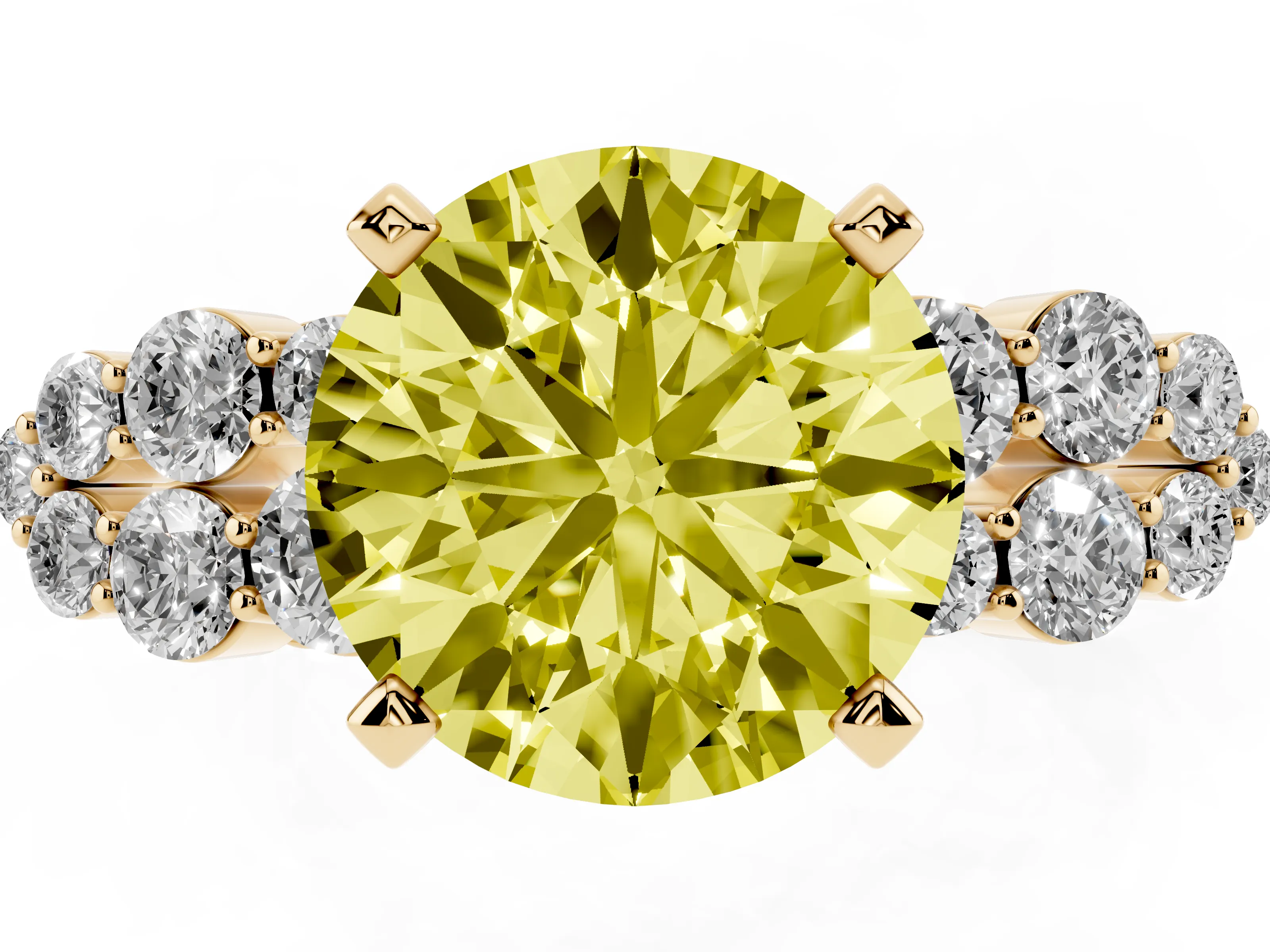 Fancy Yellow Round Cut Diamond Cluster Engagement Ring Set in Yellow gold with Pavé Band and Prong Setting