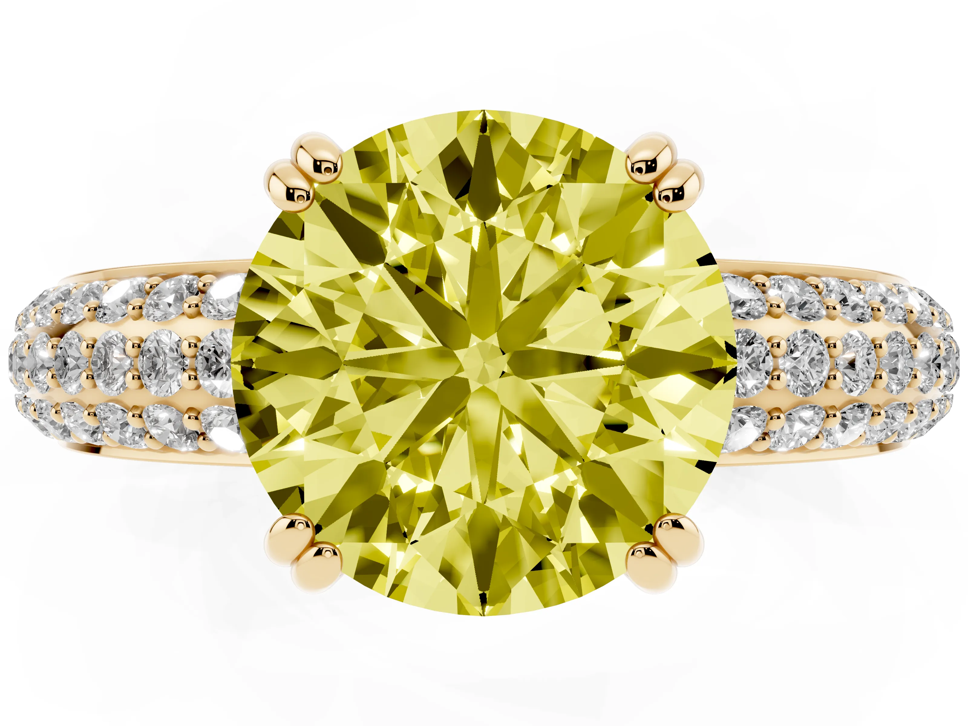 Fancy Yellow Round Cut Diamond Solitaire Ring Set in Yellow gold with Multi-Row Round Pavé Band and Prong Setting