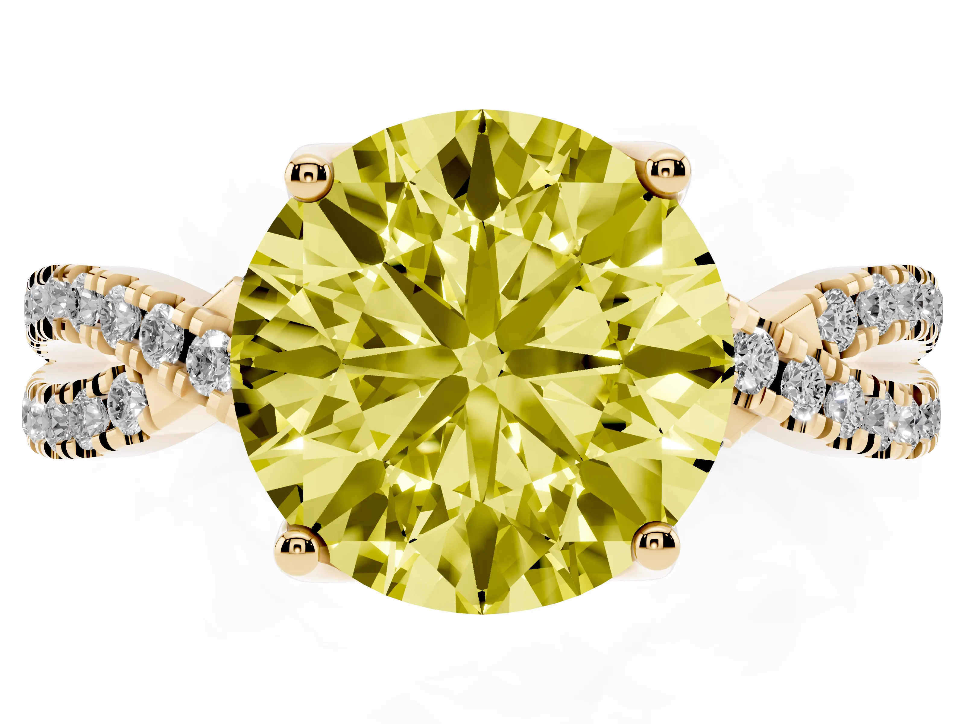 Fancy Yellow Round Cut Diamond Twist Pavé Solitaire Engagement Ring Set in Yellow gold with Prong Setting