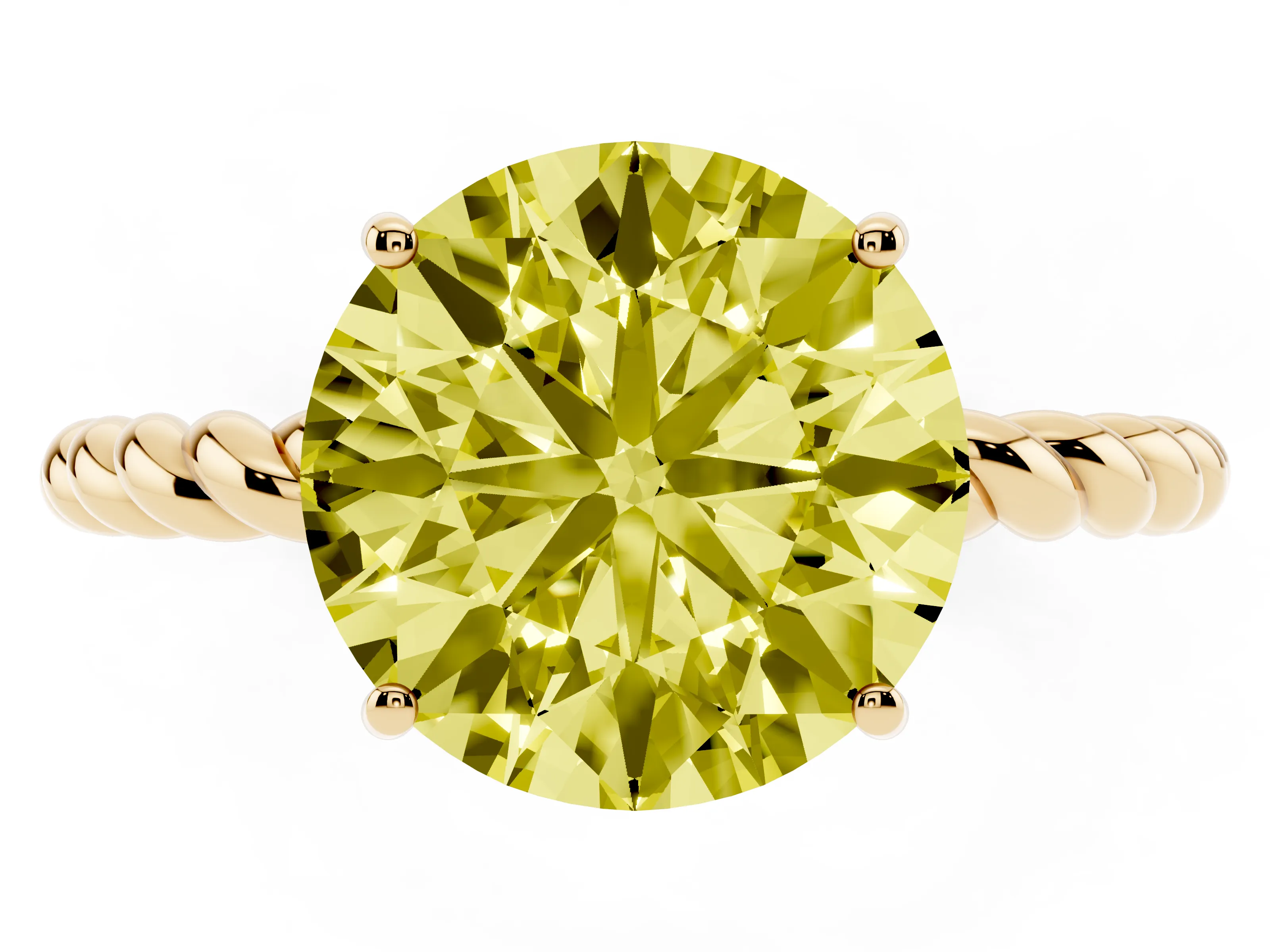 Fancy Yellow Round Cut Diamond Solitaire Ring Set in Yellow gold with Twist Band and Prong Setting