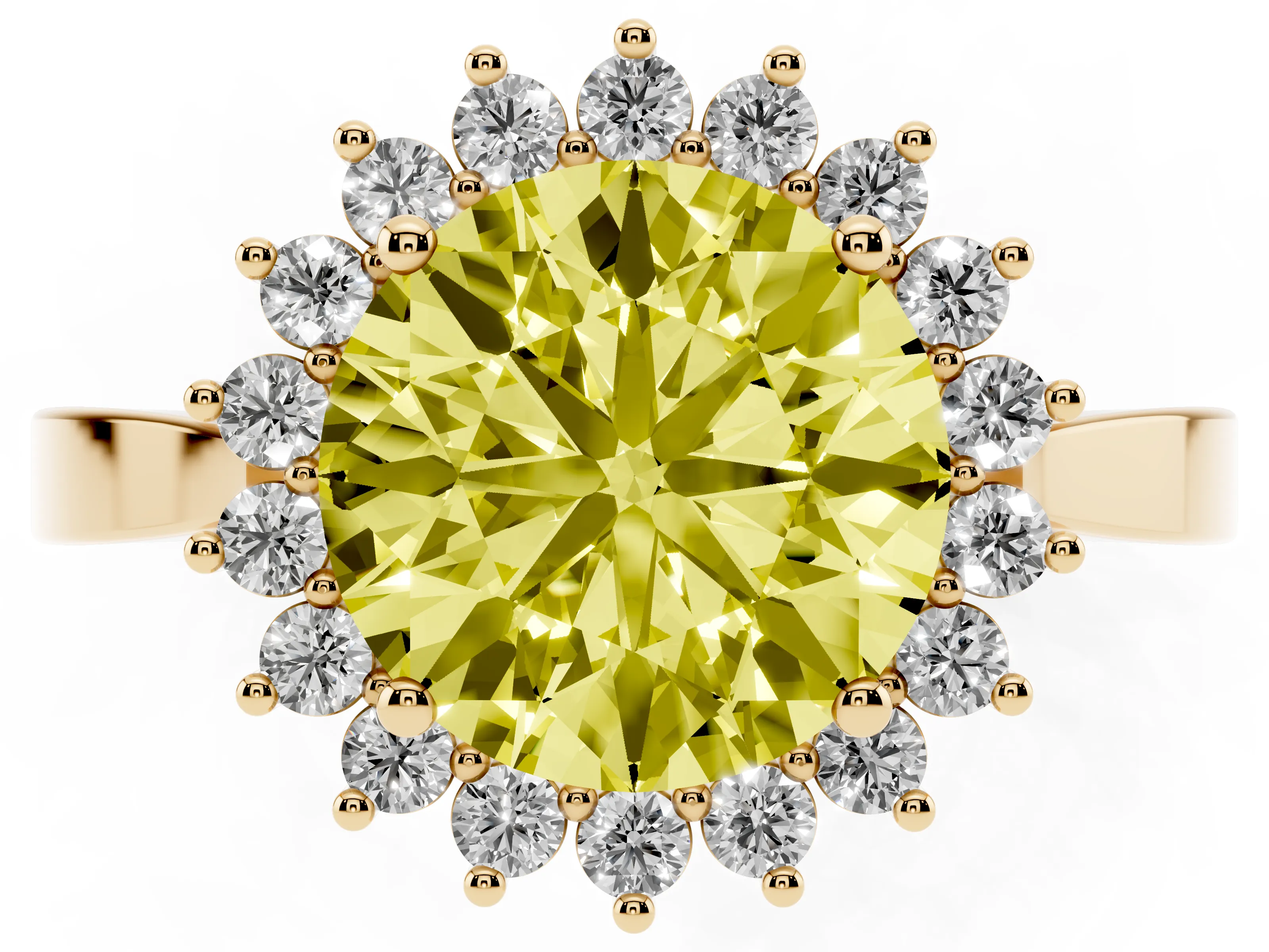 Fancy Yellow Round Cut Diamond Halo Ring Set in Yellow gold with Round Halo and Smooth Solitaire Band