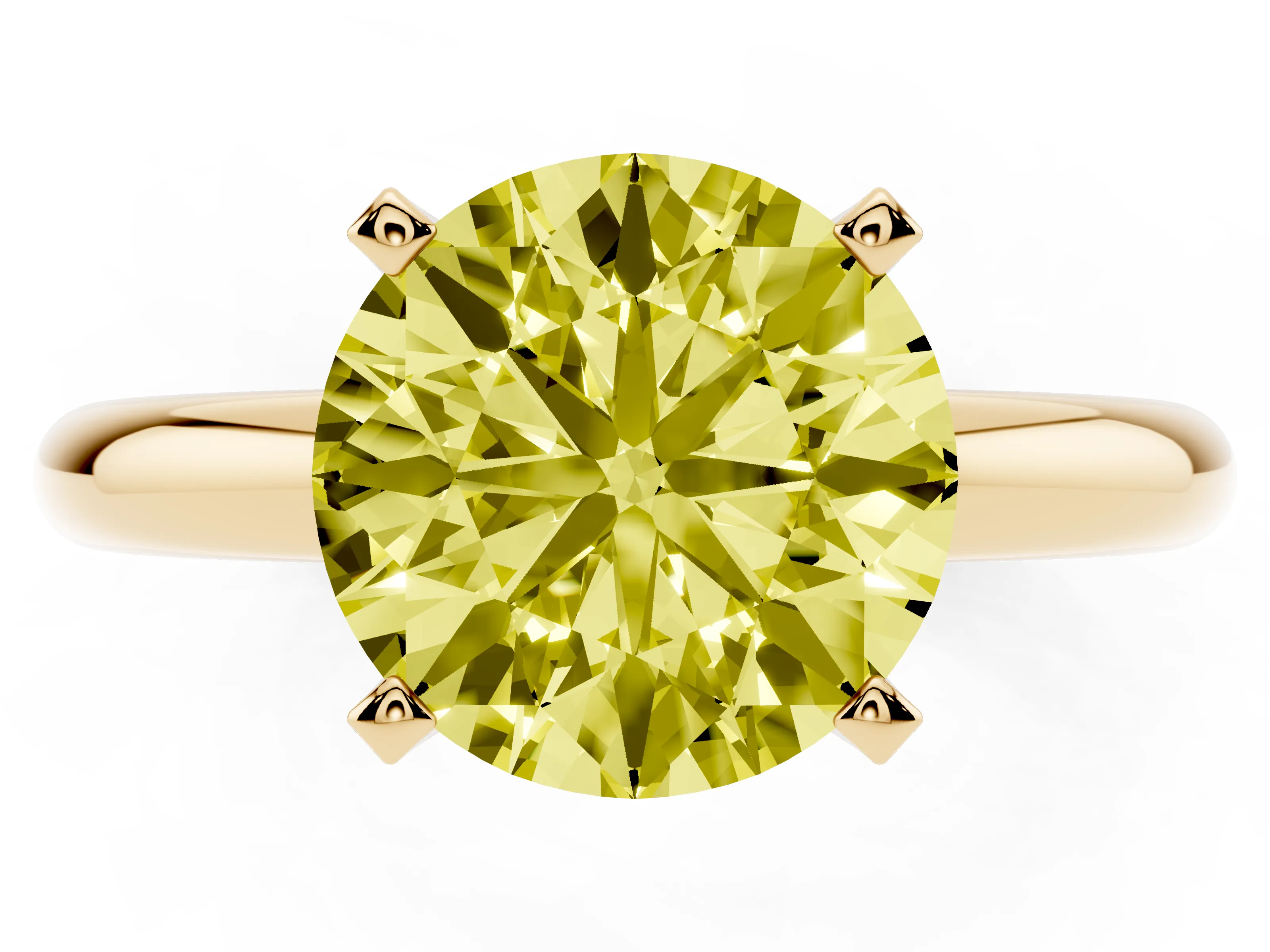 Fancy Yellow Round Cut Diamond Solitaire Engagement Ring Set in Yellow gold with Round Band and Prong Setting