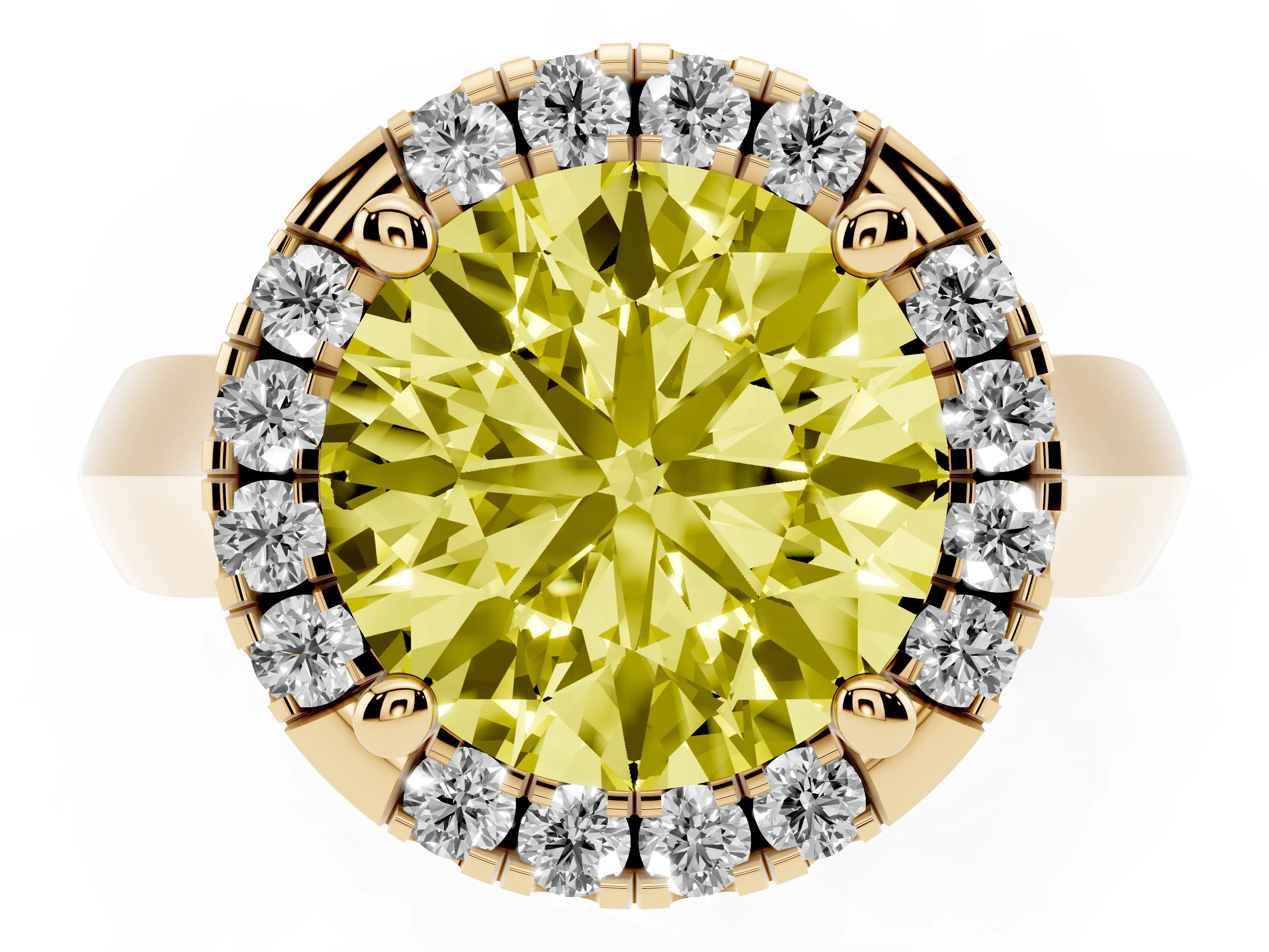 Fancy Yellow Round Cut Diamond Halo Solitaire Engagement Ring Set in Yellow gold with Square Band and Prong Setting