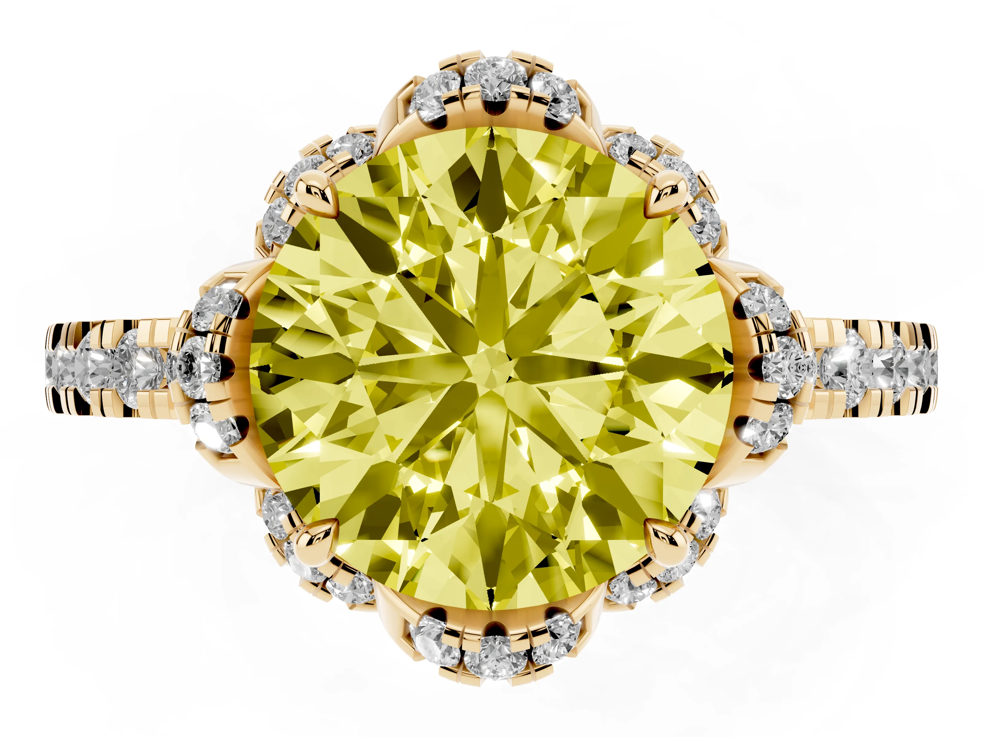 Fancy Yellow Round Cut Diamond Halo Pavé Band Ring Set in Yellow gold with Prong-Held Center