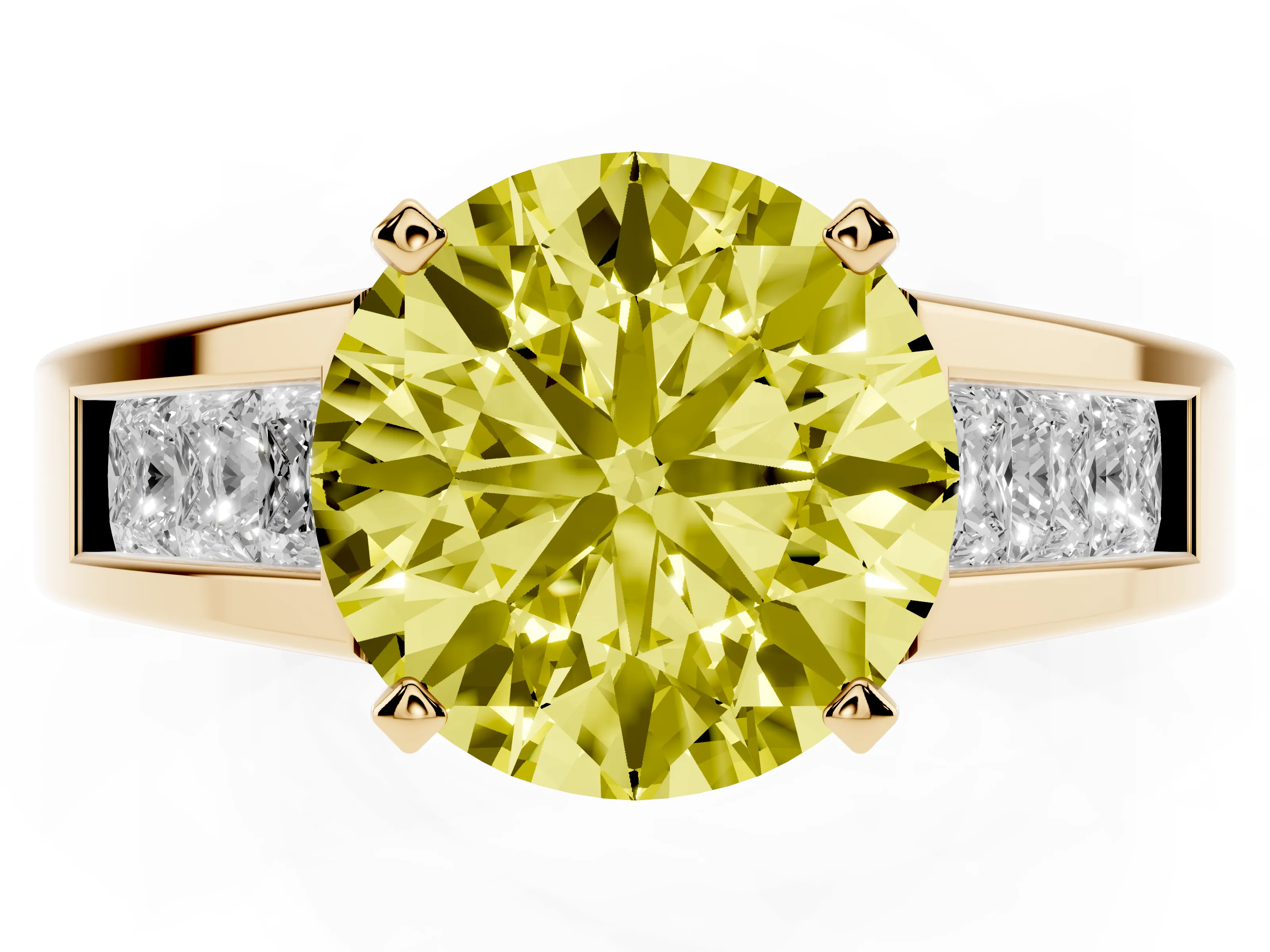 Fancy Yellow Round Cut Diamond Solitaire Ring Set in Yellow gold with Channel-Set Accent Stones and Prong Setting
