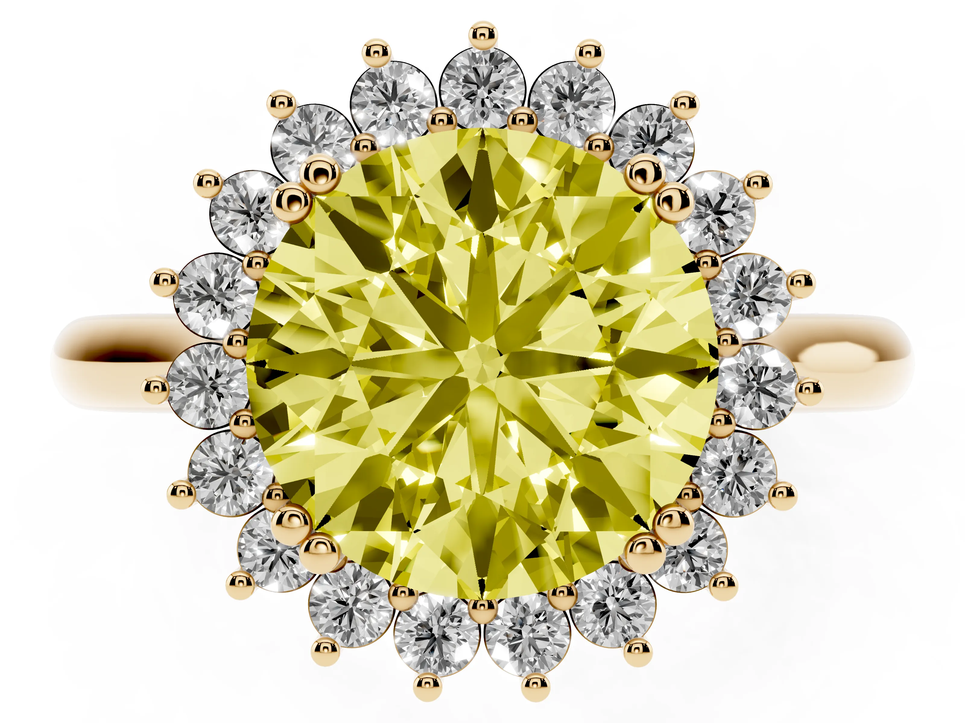 Fancy Yellow Round Cut Diamond Halo Ring Set in Yellow gold with Plain Solitaire Band and Prong Setting
