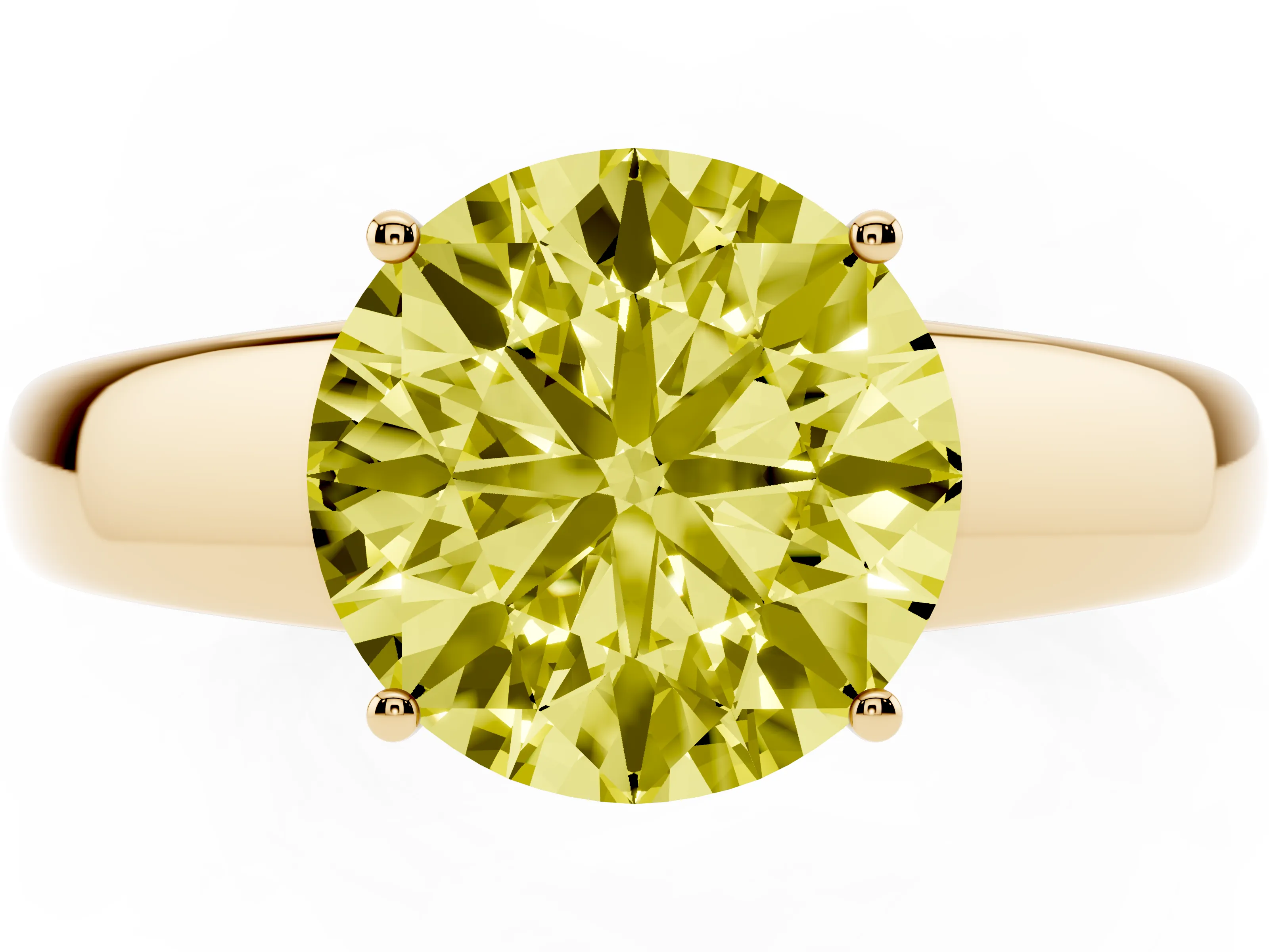 Fancy Yellow Round Cut Diamond Solitaire Ring Set in Yellow gold with Tapered Band and Prong Setting