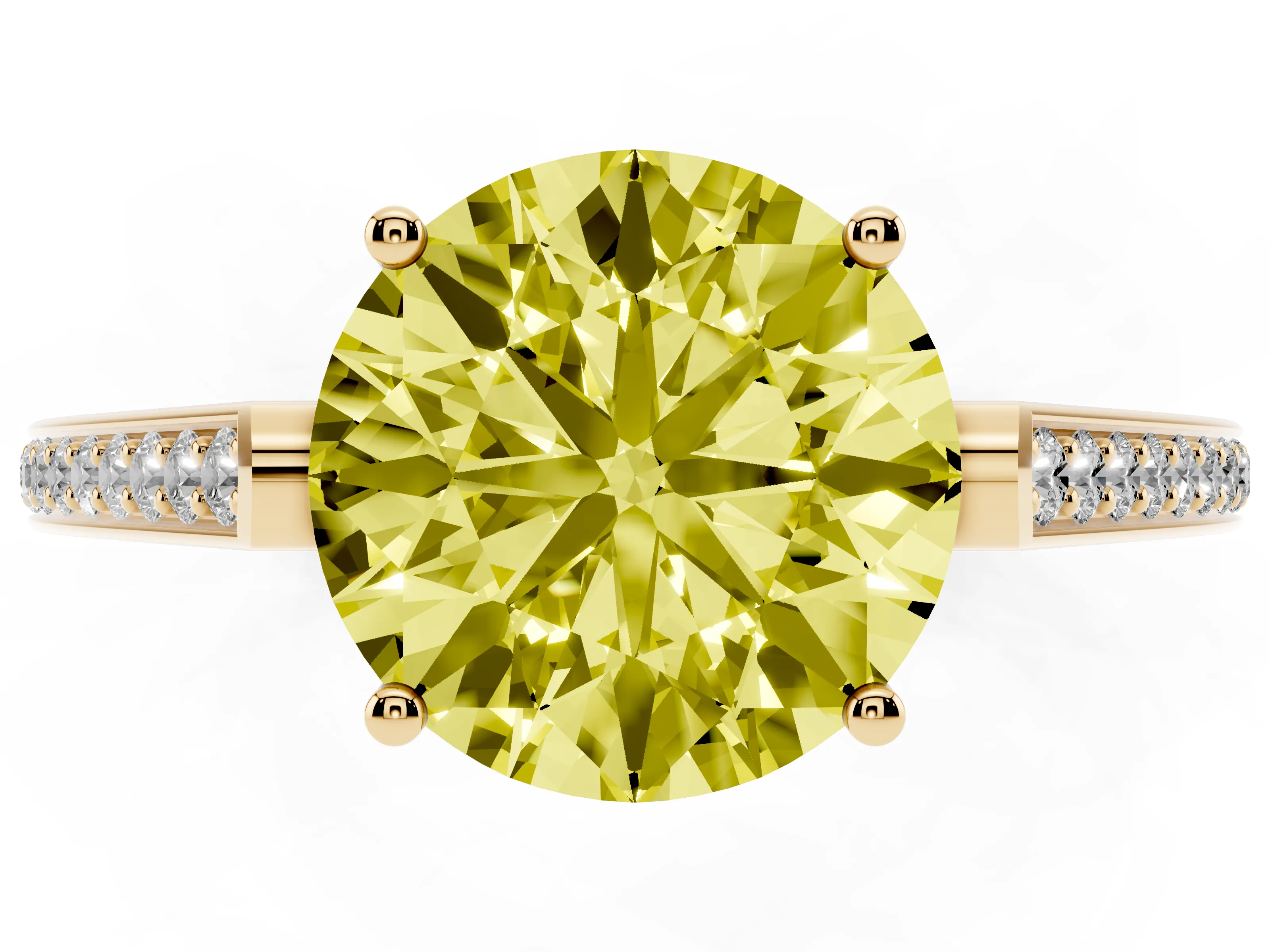 Fancy Yellow Round Cut Diamond Cathedral Pavé Engagement Ring Set in Yellow gold with Prong Setting