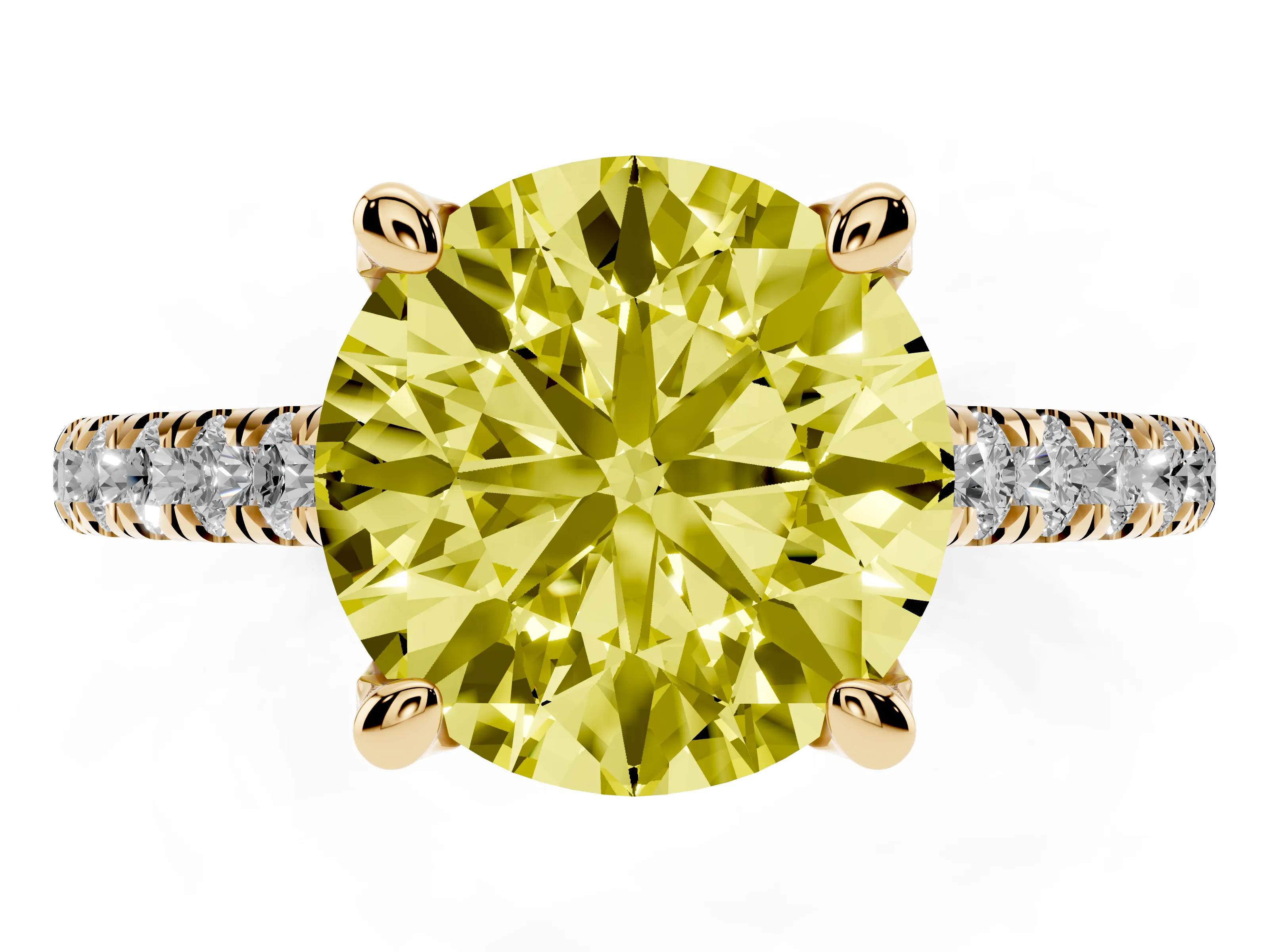 Fancy Yellow Round Cut Diamond Solitaire Ring Set in Yellow gold with Brilliant Pavé Band and Prong Setting
