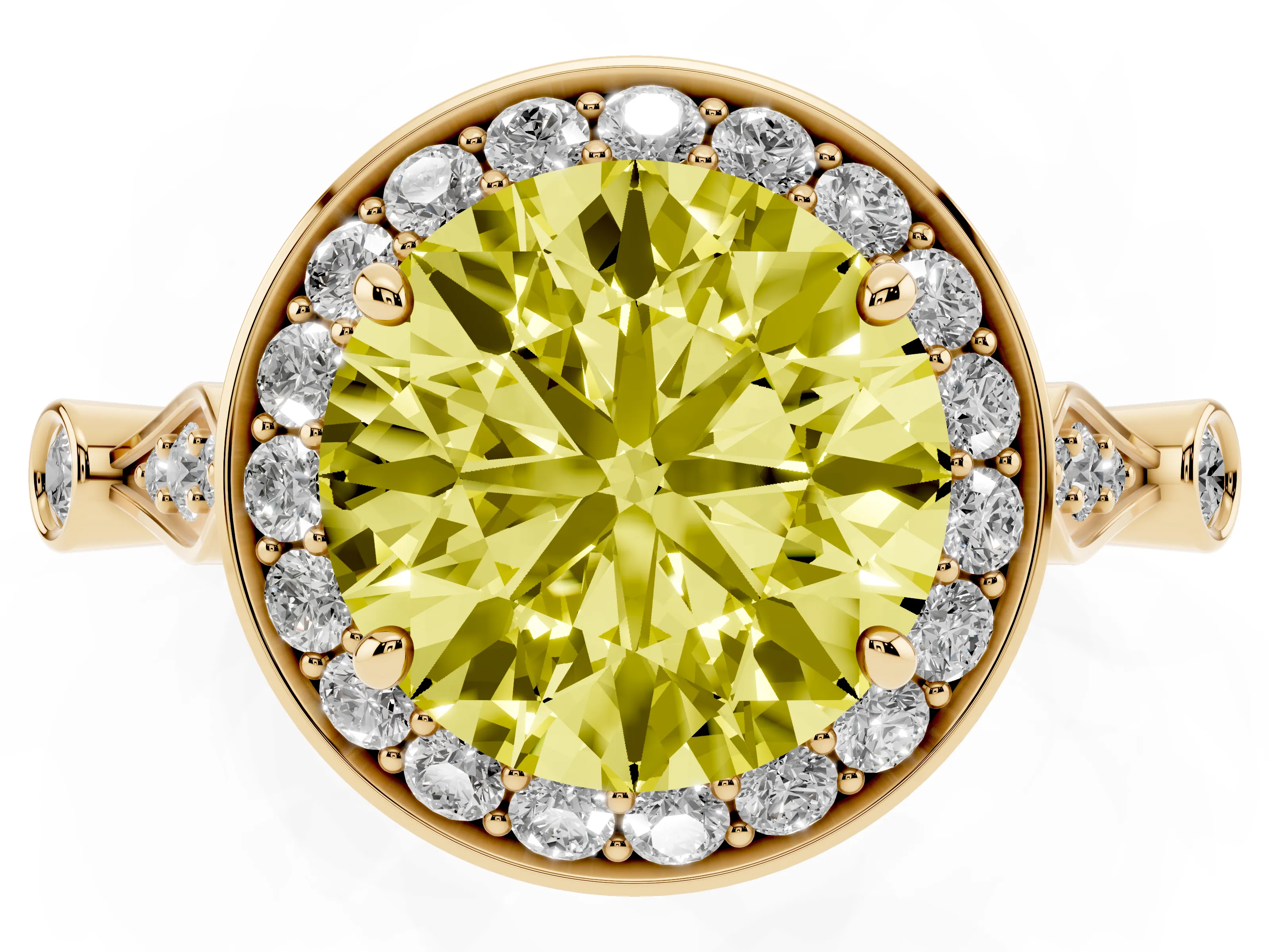 Fancy Yellow Round Cut Diamond Halo Engagement Ring Set in Yellow gold with Twisted Band and Prong Setting