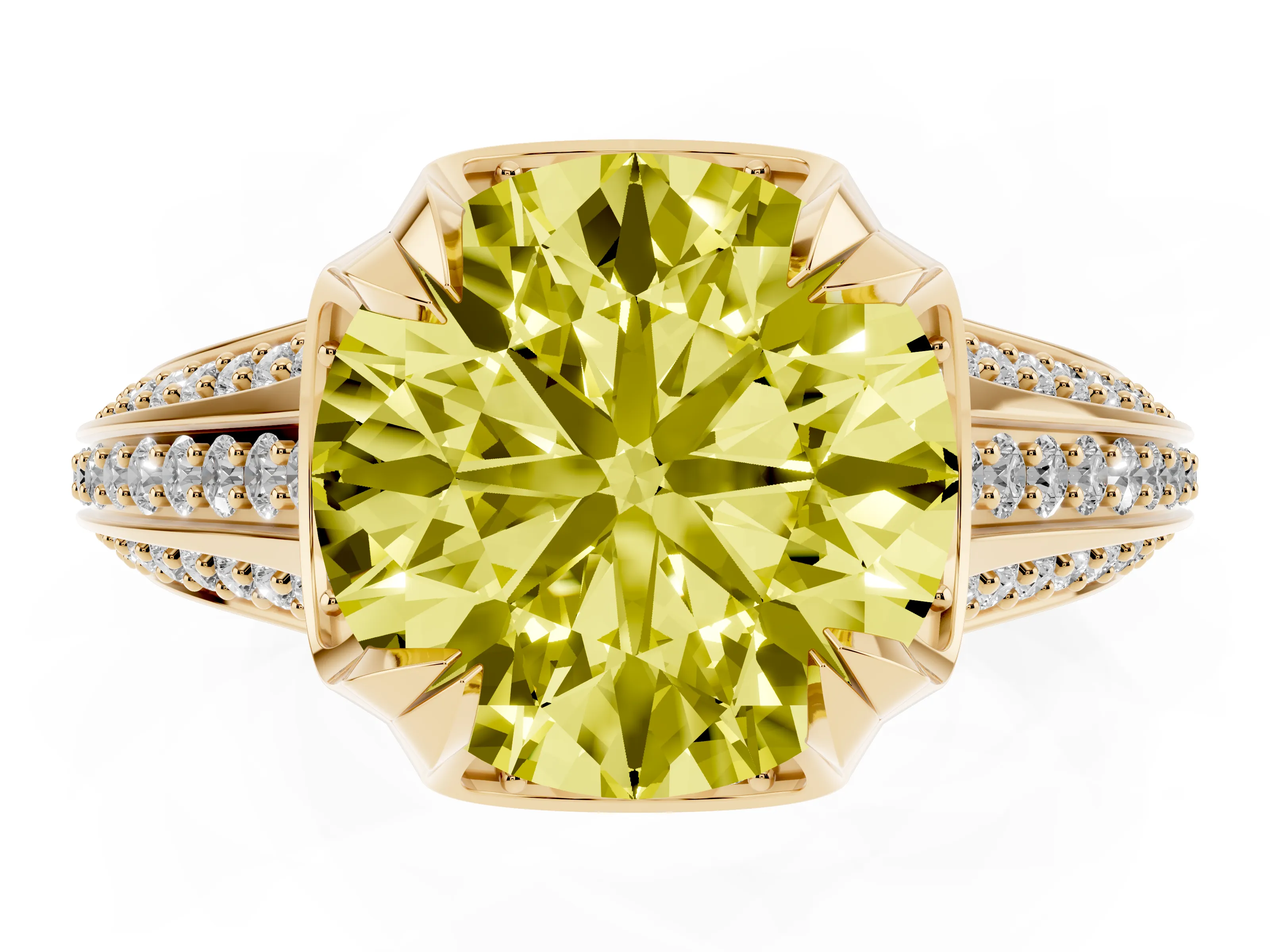 Fancy Yellow Round Cut Diamond Pavé Split Shank Solitaire Ring Set in Yellow gold with Prong Setting