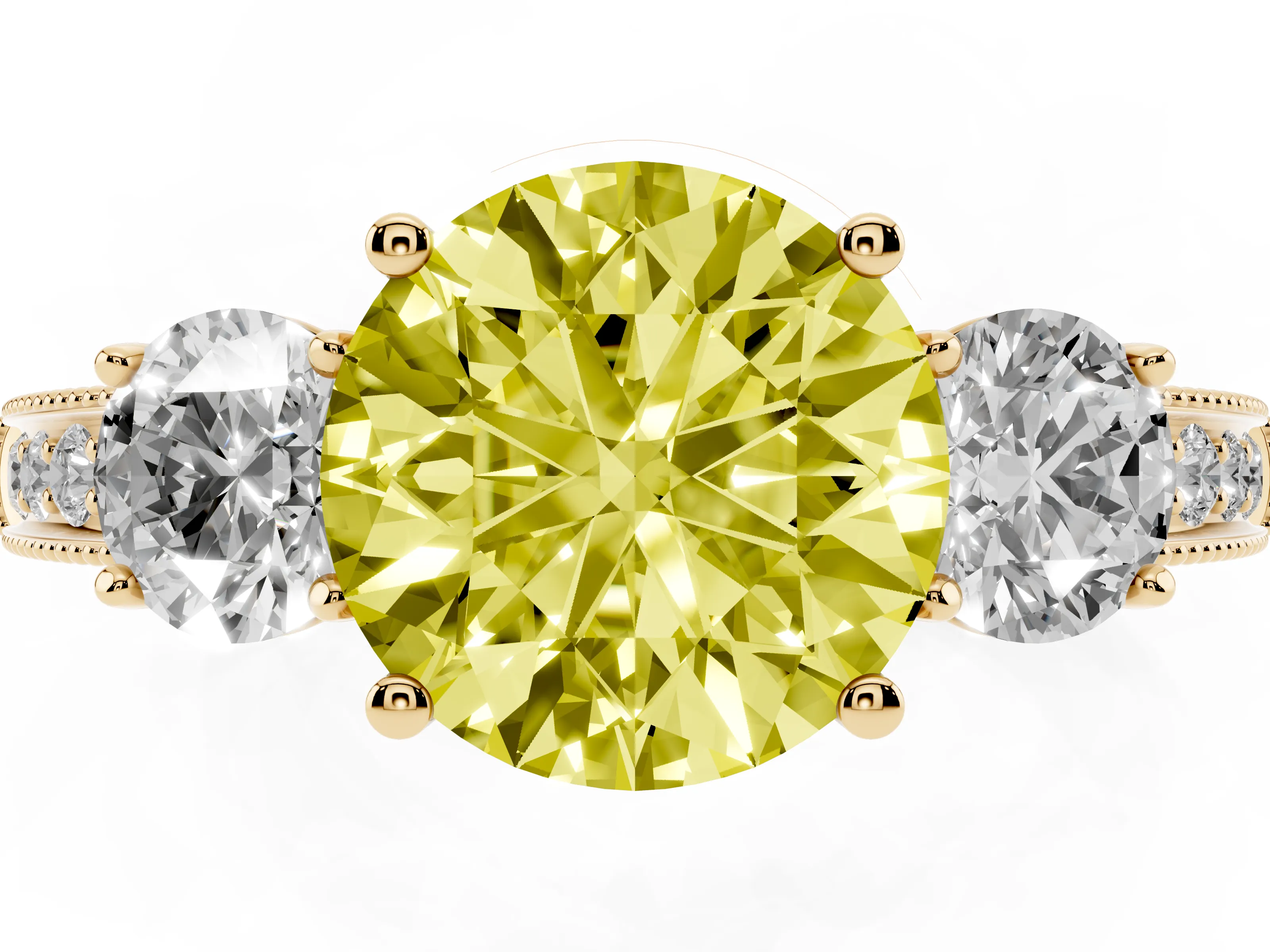Fancy Yellow Round Cut Diamond Three-Stone Ring Set in Yellow gold with Round Side Stones and Pavé Band