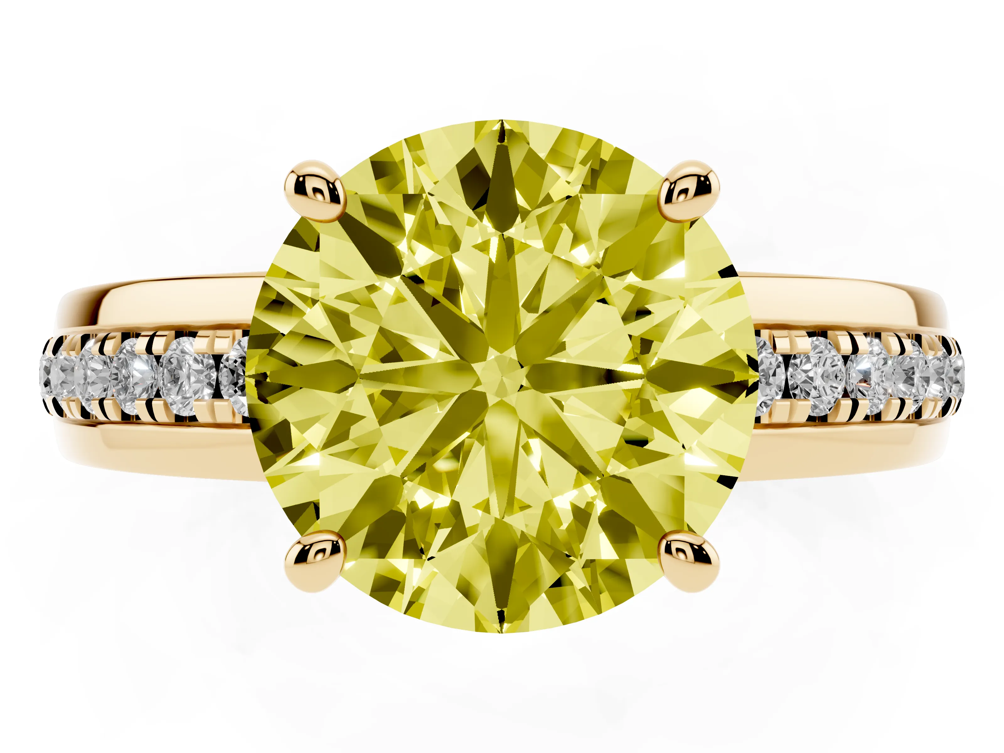 Fancy Yellow Round Cut Diamond Solitaire Ring Set in Yellow gold with Channel Set Band and Prong Setting