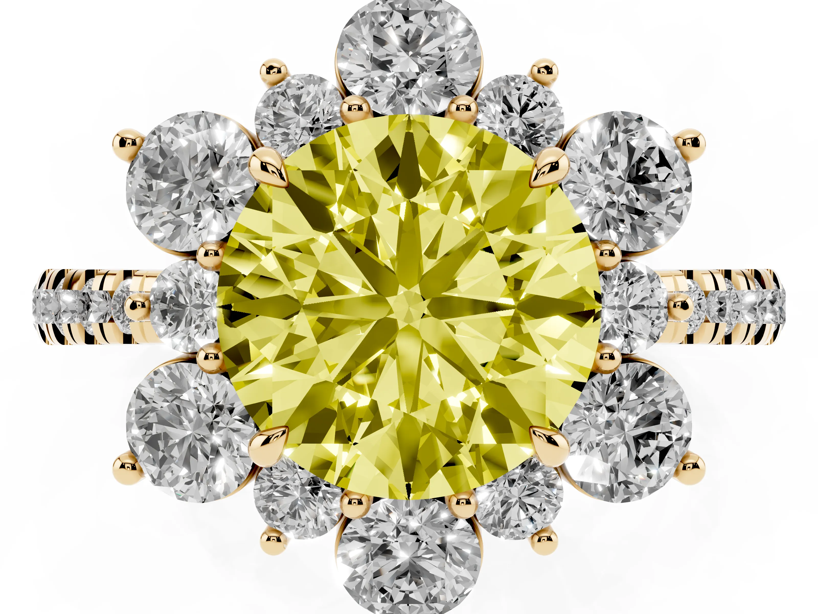Fancy Yellow Round Cut Diamond Floral Halo Ring Set in Yellow gold with Round Pavé Band and Prong Setting