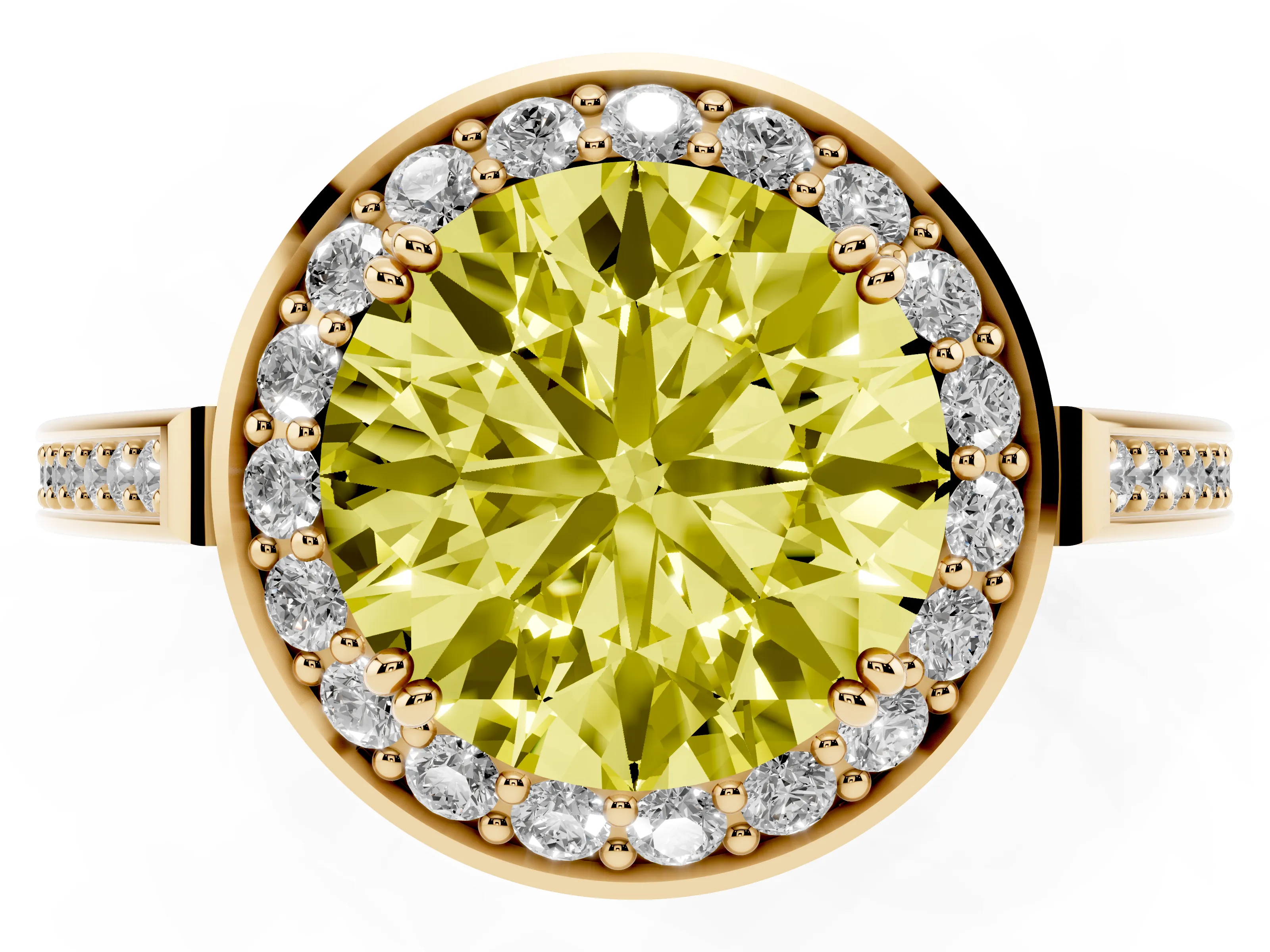 Fancy Yellow Round Cut Diamond Halo Ring Set in Yellow gold with Accent-Lined Split Shank and Prong Setting