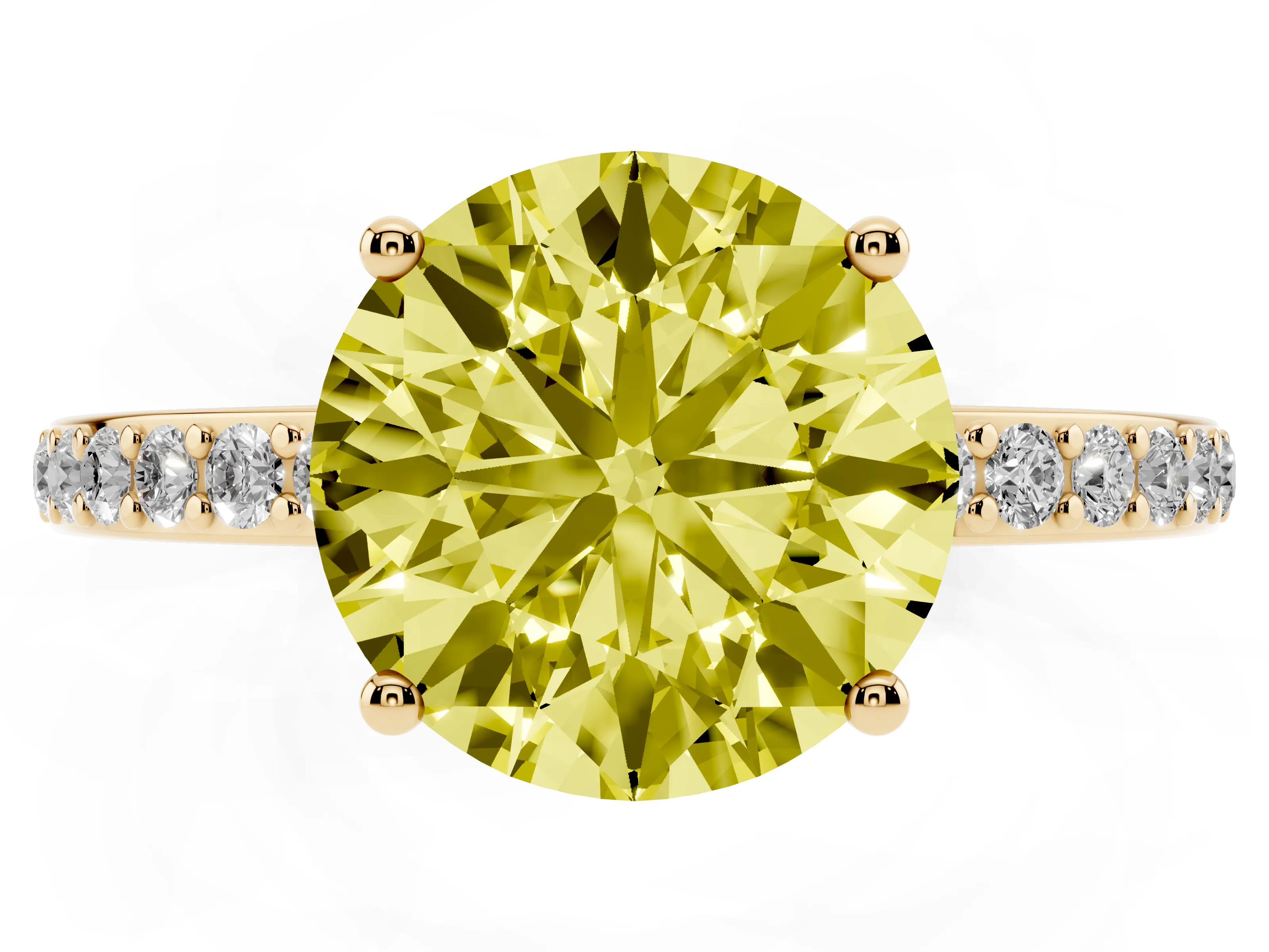 Fancy Yellow Round Cut Diamond Pavé Band Ring Set in Yellow gold with Prong-Set Center Stone