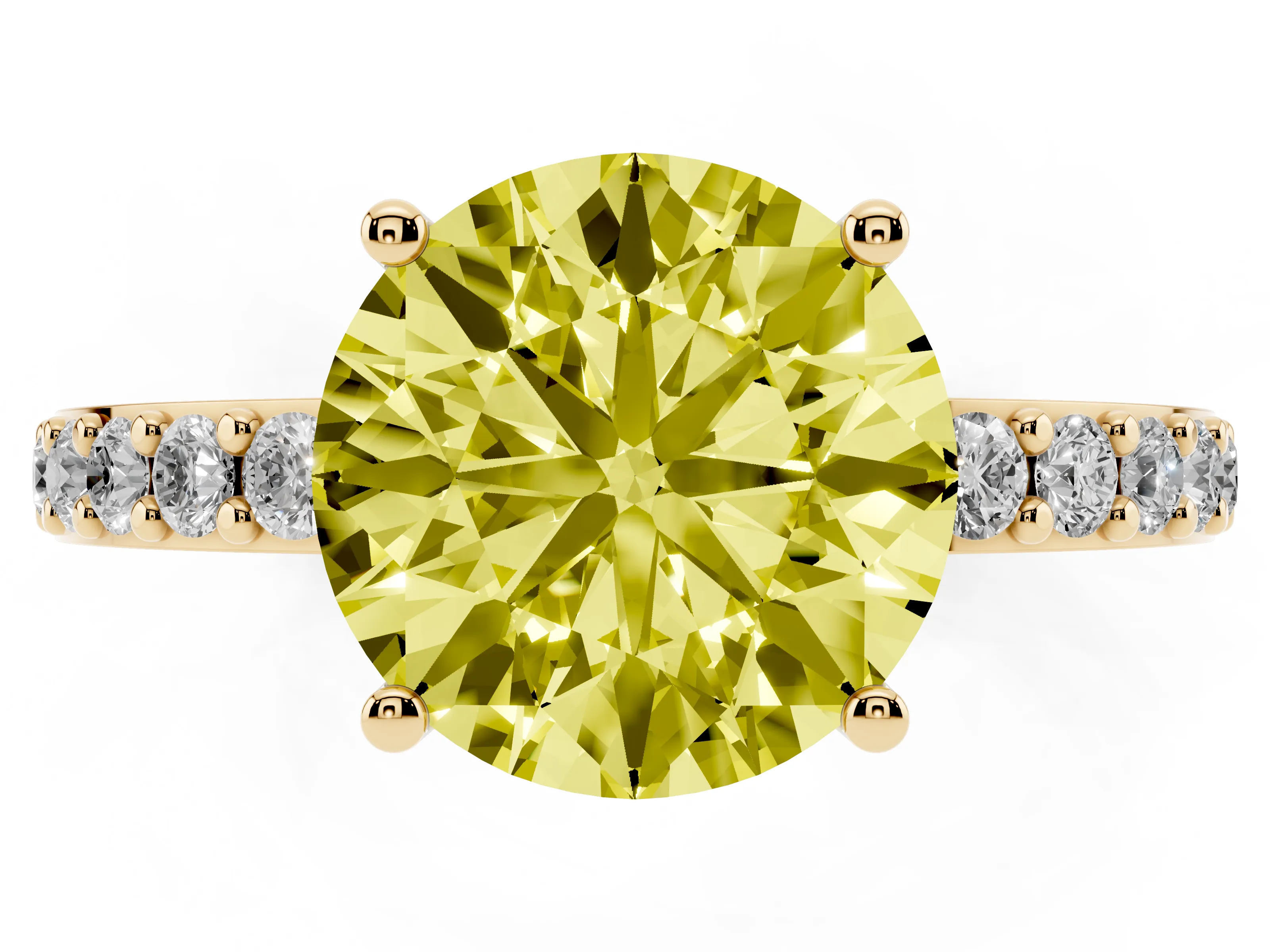 Fancy Yellow Round Cut Diamond Solitaire Set in Yellow gold with Round Pavé Band and Prong Setting