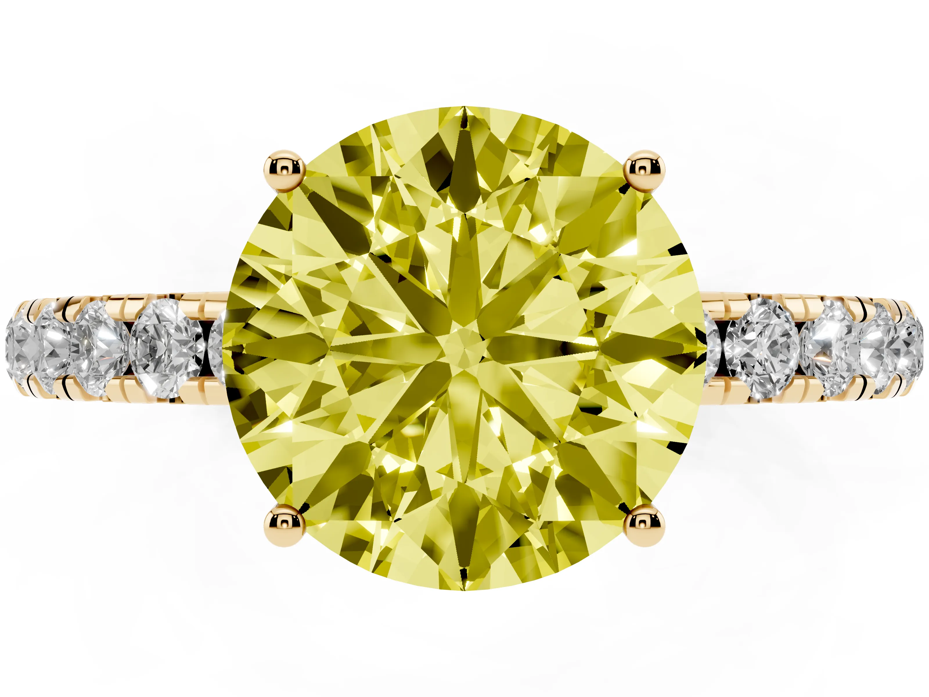 Fancy Yellow Round Cut Diamond Pavé Solitaire Engagement Ring Set in Yellow gold with Prong Setting