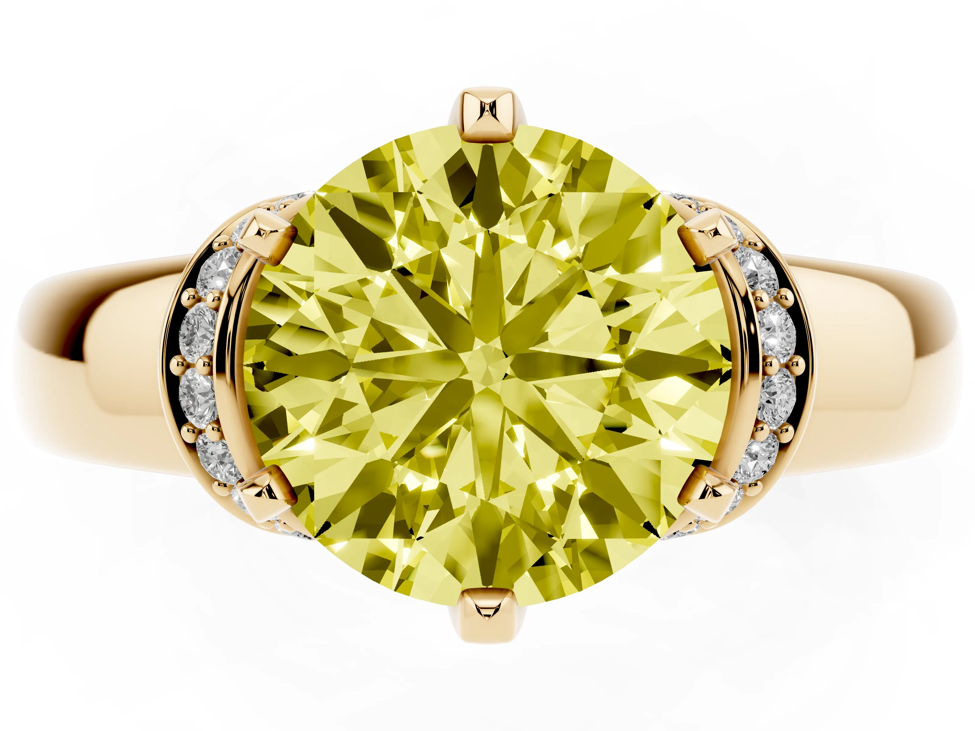 Fancy Yellow Round Cut Diamond Pavé Band Solitaire Ring Set in Yellow gold with Prong Setting