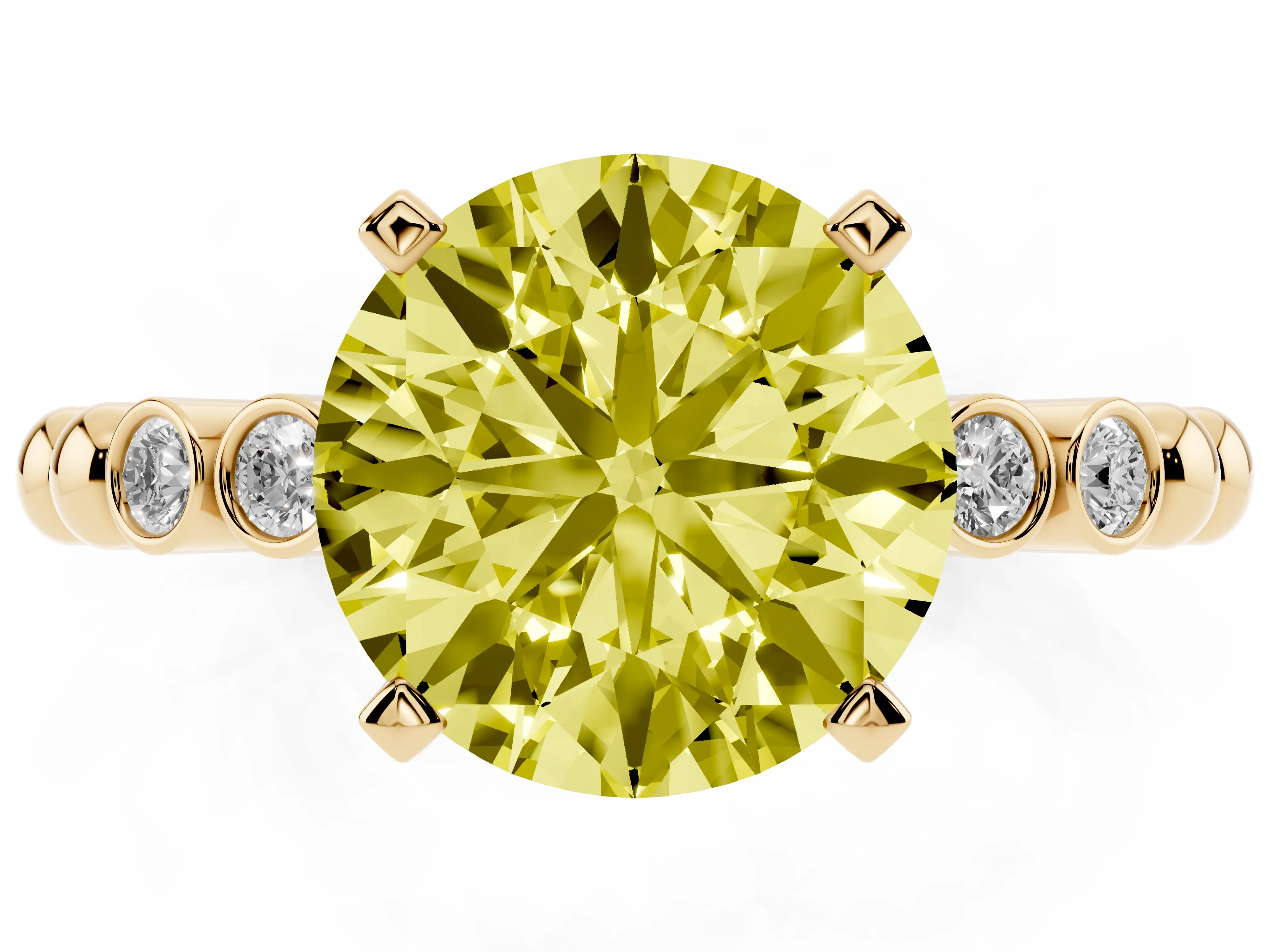 Fancy Yellow Round Cut Diamond Solitaire Engagement Ring Set in Yellow gold with Bezel Accents on Beaded Band