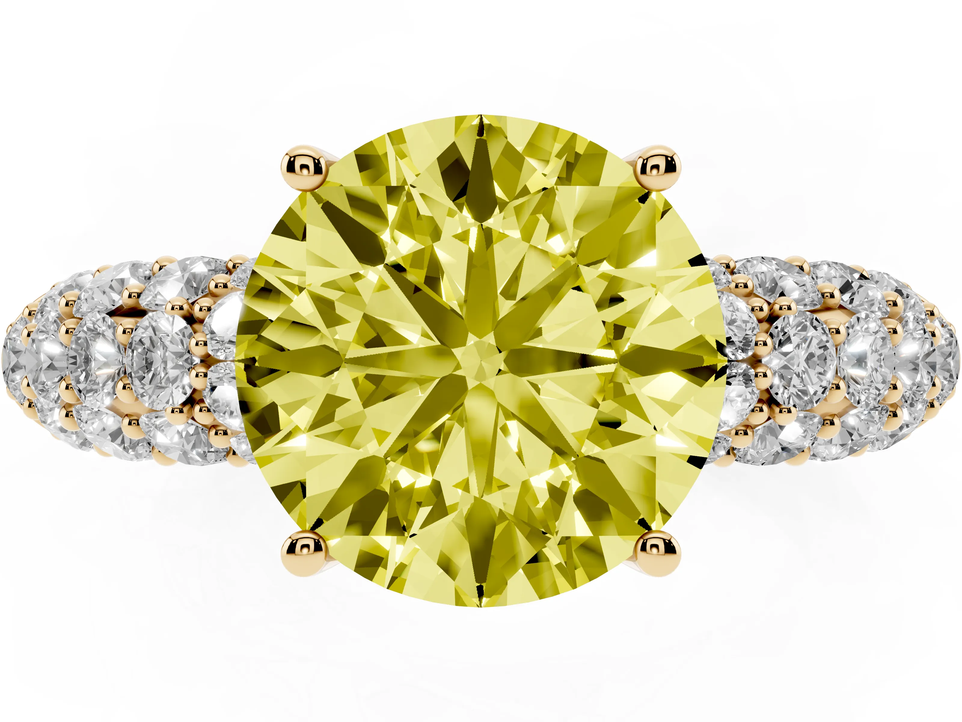 Fancy Yellow Round Cut Diamond Pavé Band Solitaire Ring Set in Yellow gold with Close-Set Accent Stones and Prong Setting