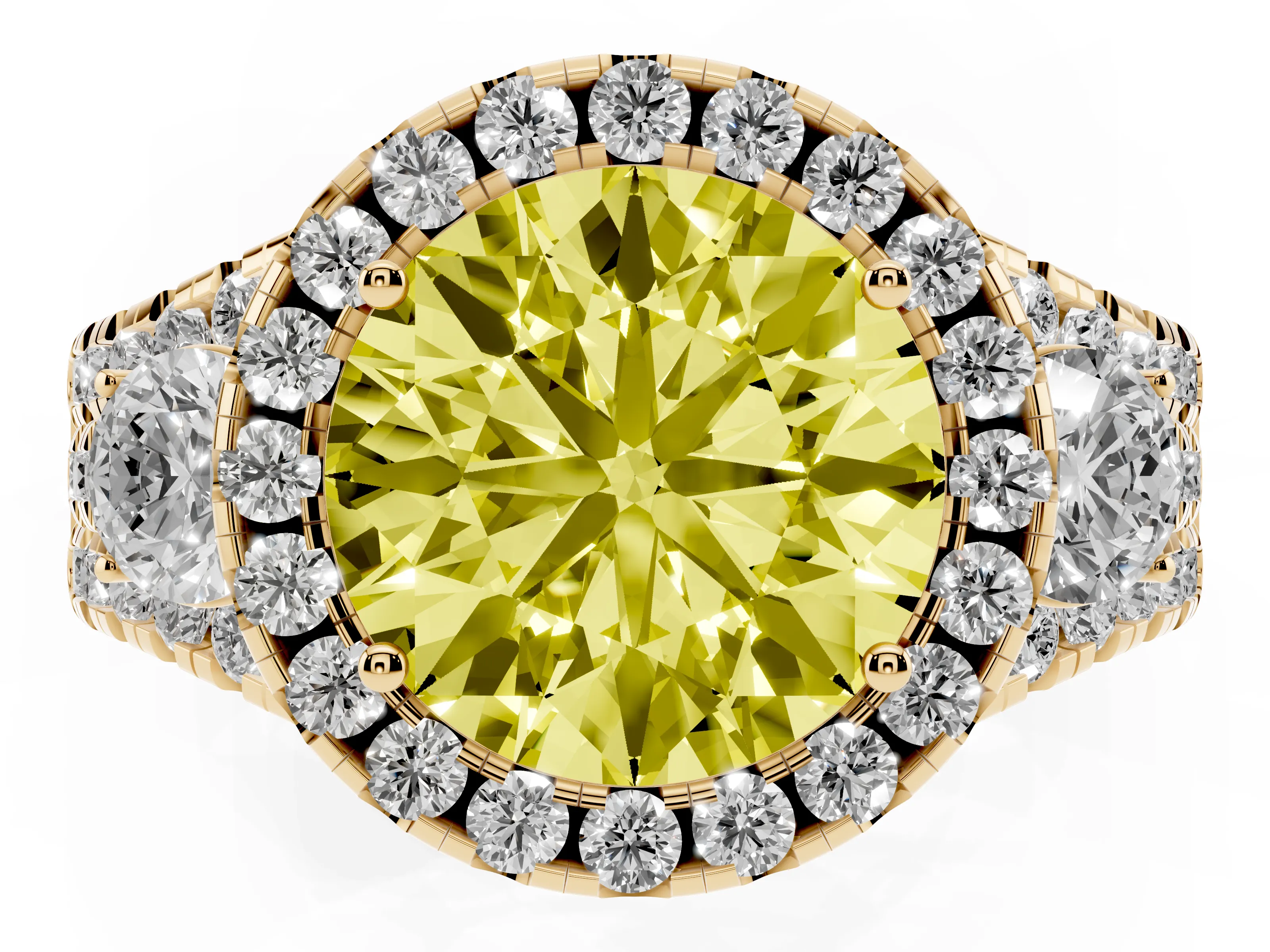 Fancy Yellow Round Cut Diamond Halo Split Shank Ring Set in Yellow gold with Round Accent Stones and Prong Setting