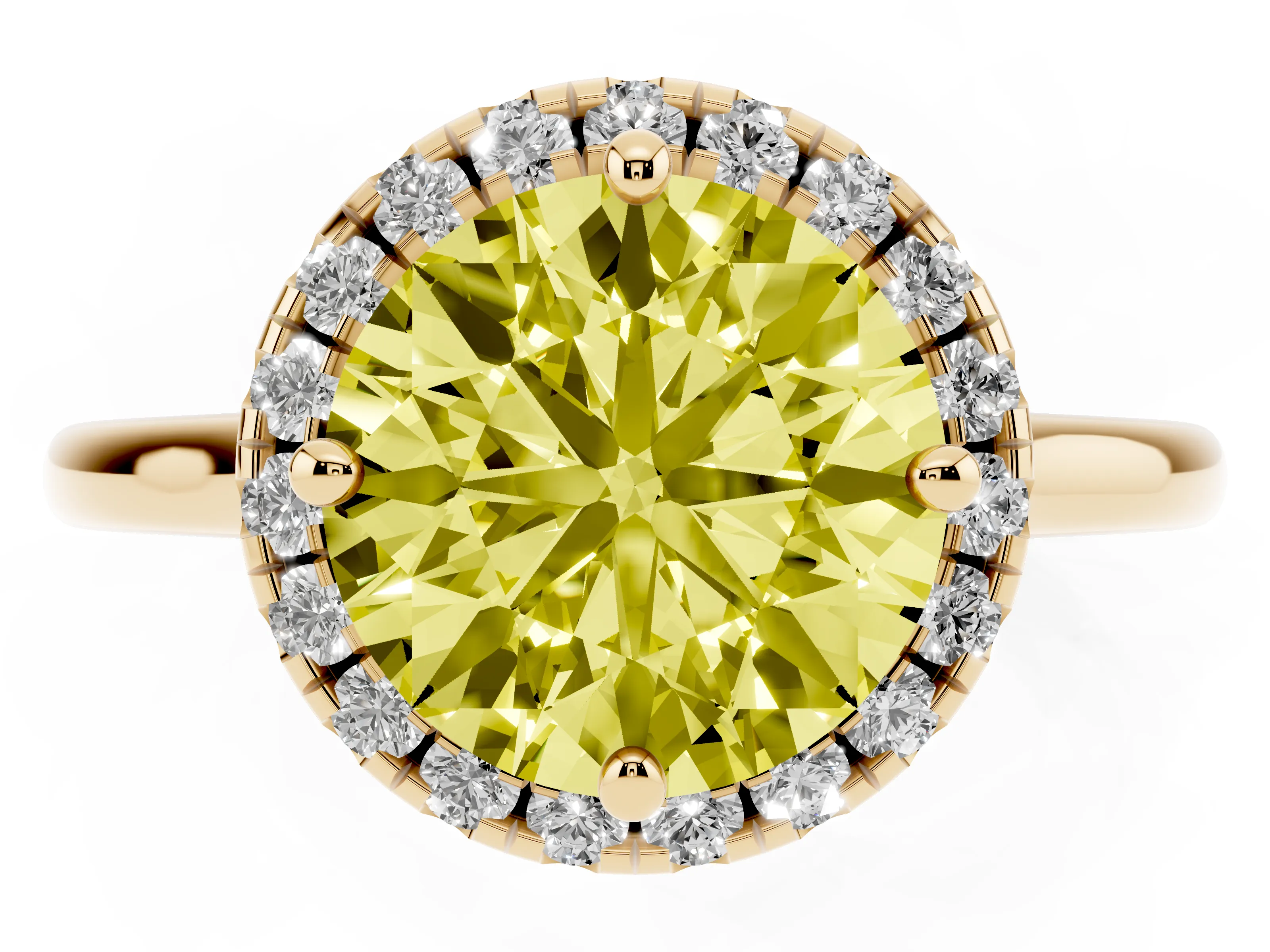Fancy Yellow Round Cut Diamond Halo Engagement Ring Set in Yellow gold with Pavé Band and Rising Shoulders